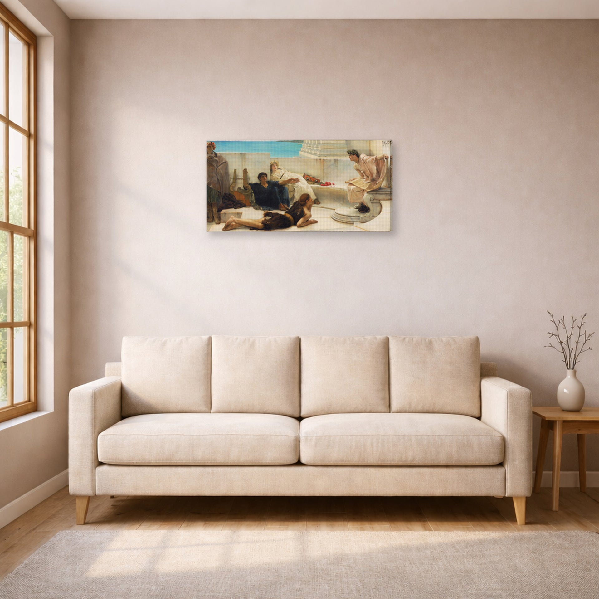 Gallery-wrapped canvas print of Sir Lawrence Alma-Tadema's A Reading from Homer displayed on a wall in a living room