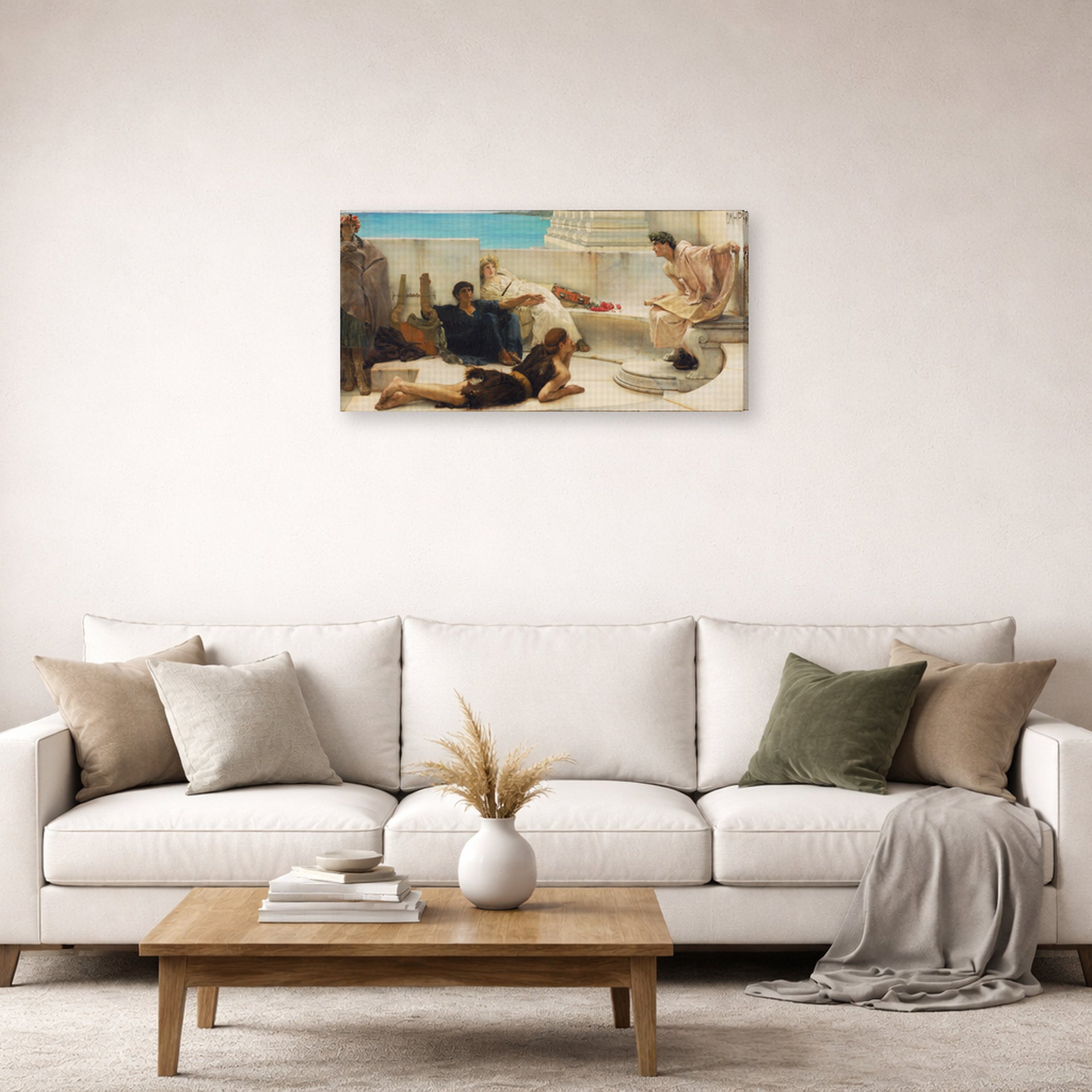Gallery-wrapped canvas print of Sir Lawrence Alma-Tadema's A Reading from Homer displayed on a wall in a living room