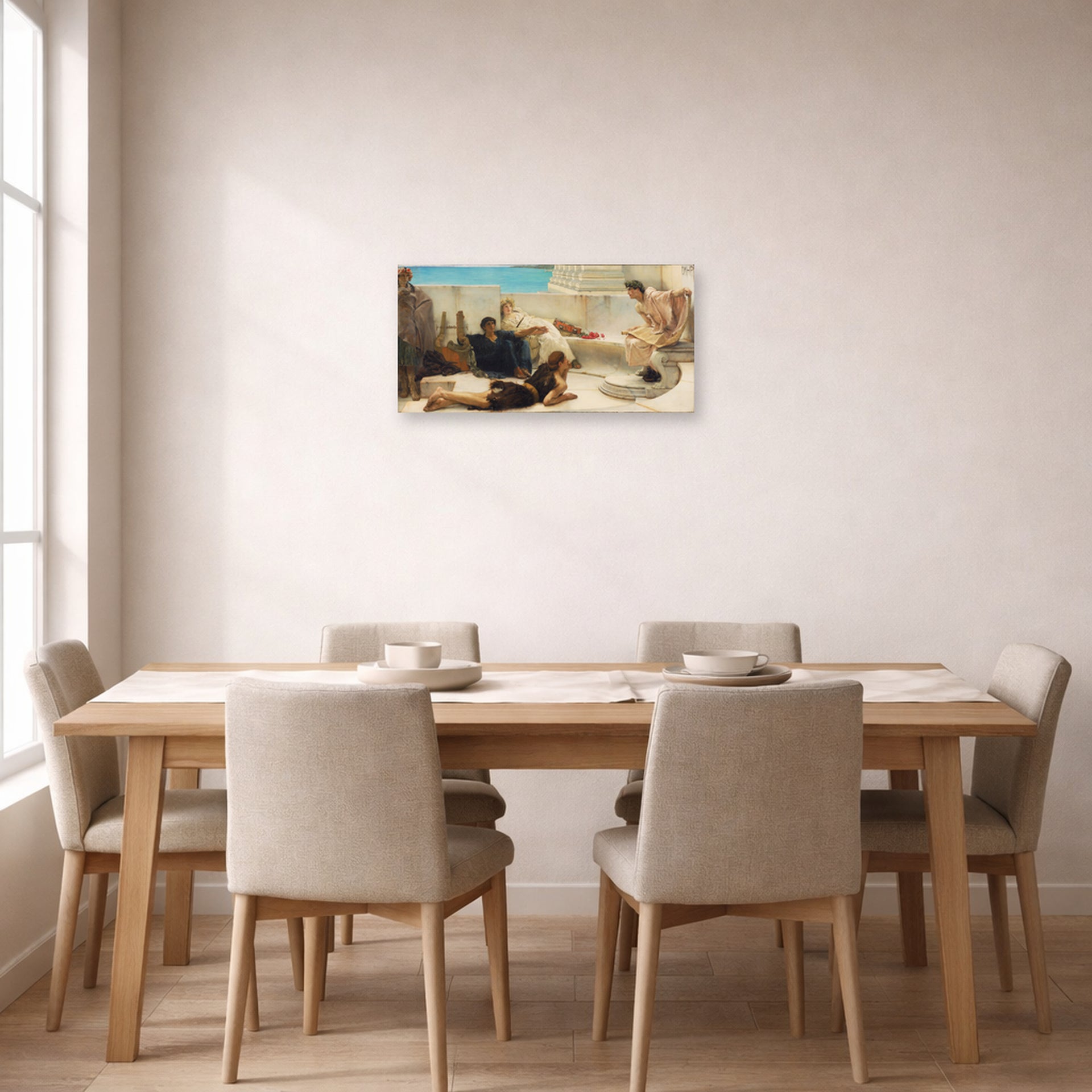 Unframed poster print of Sir Lawrence Alma-Tadema's A Reading from Homer displayed on a wall in a dining