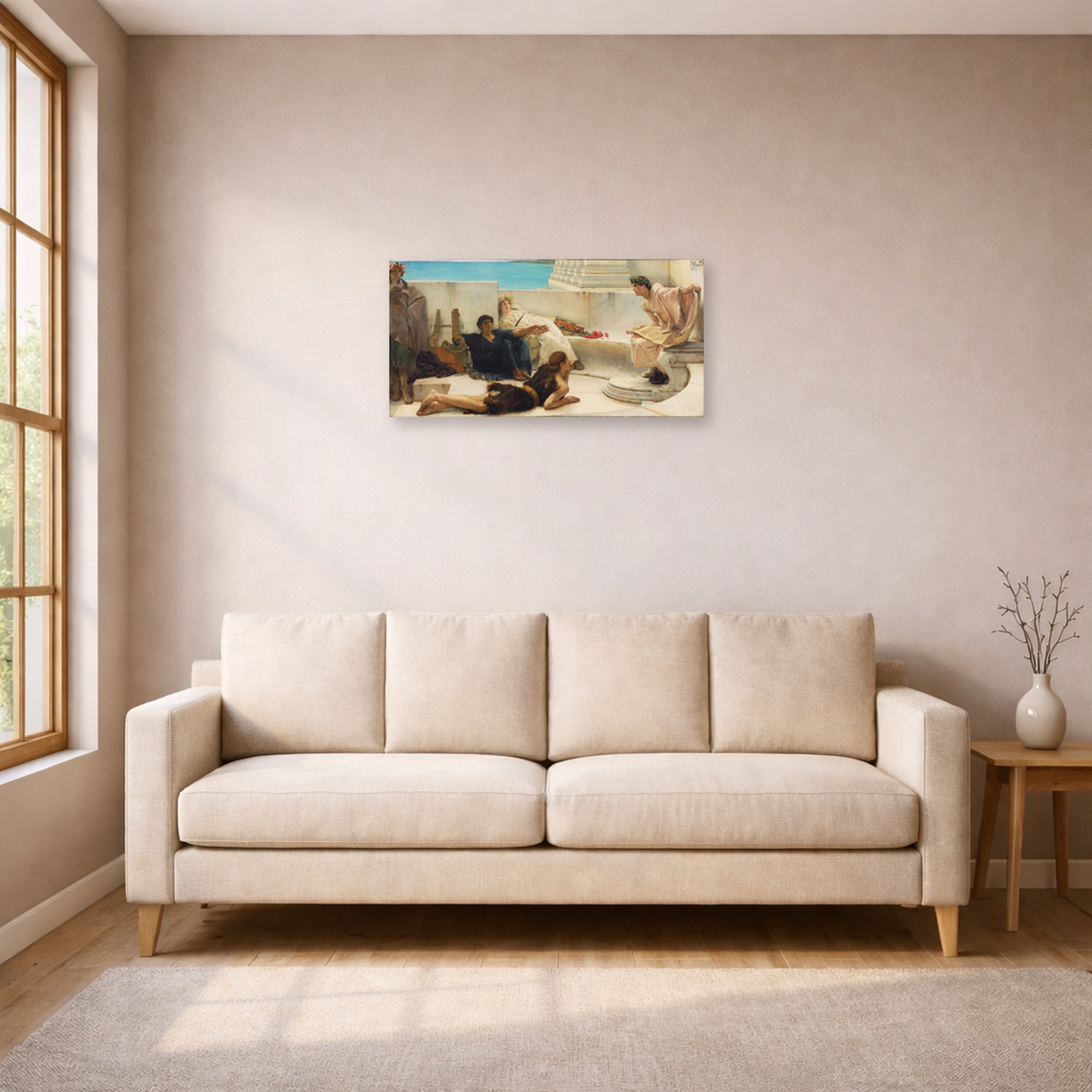 Unframed poster print of Sir Lawrence Alma-Tadema's A Reading from Homer displayed on a wall in a living room