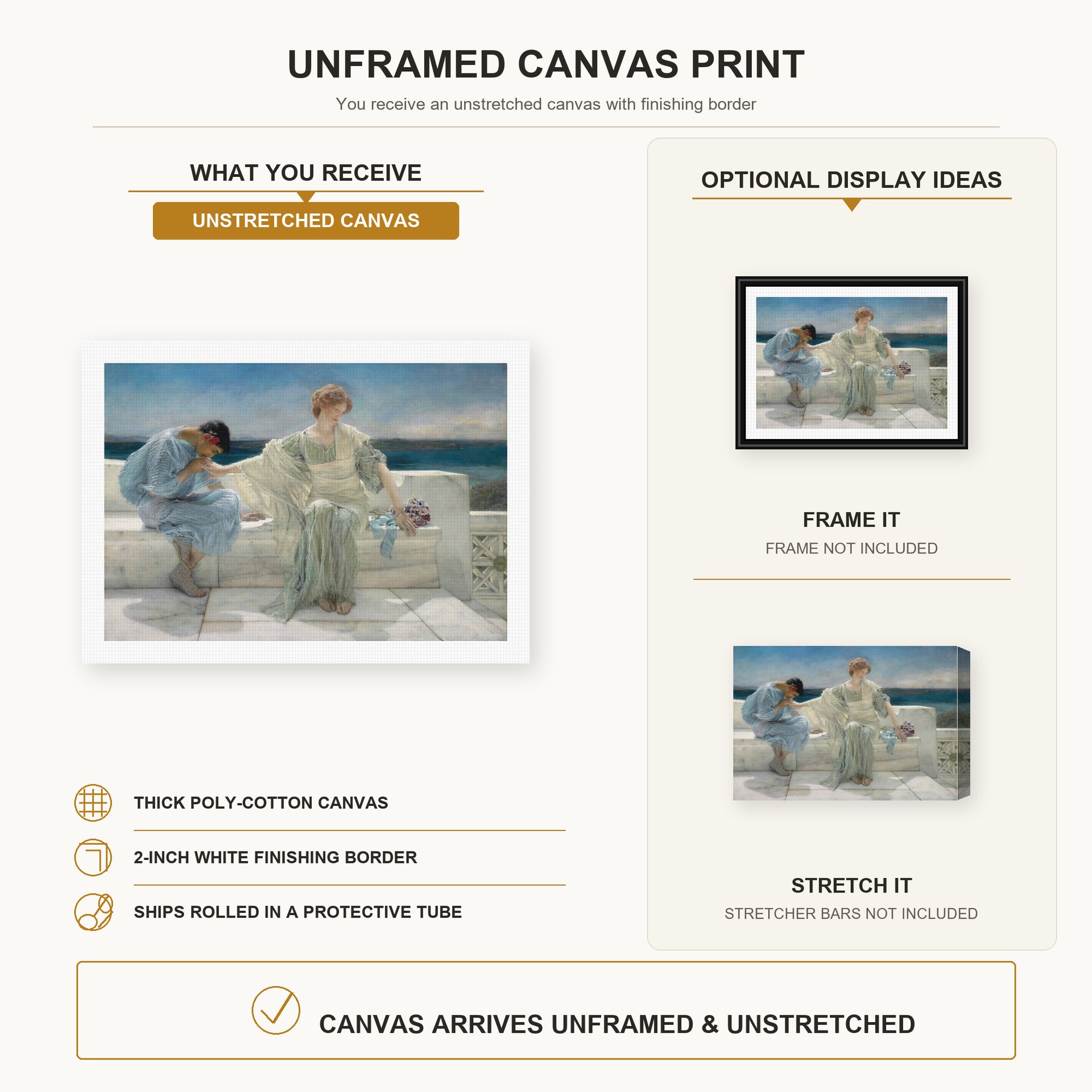 Sir Lawrence Alma-Tadema - Ask Me No More canvas print size comparison and framing display infographic