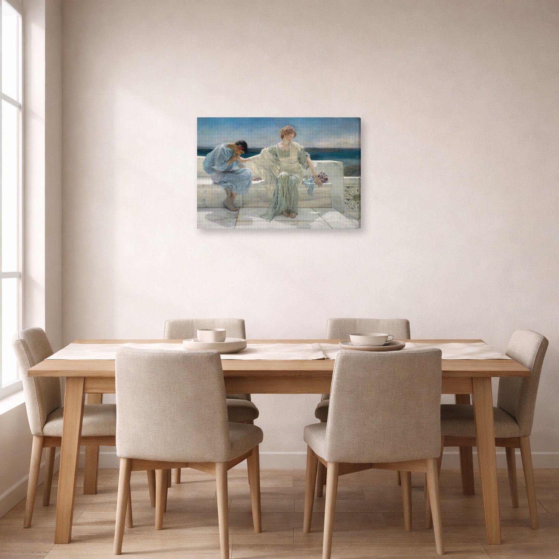Gallery-wrapped canvas print of Sir Lawrence Alma-Tadema's Ask Me No More displayed on a wall in a dining