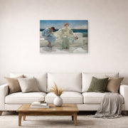 Gallery-wrapped canvas print of Sir Lawrence Alma-Tadema's Ask Me No More displayed on a wall in a living room