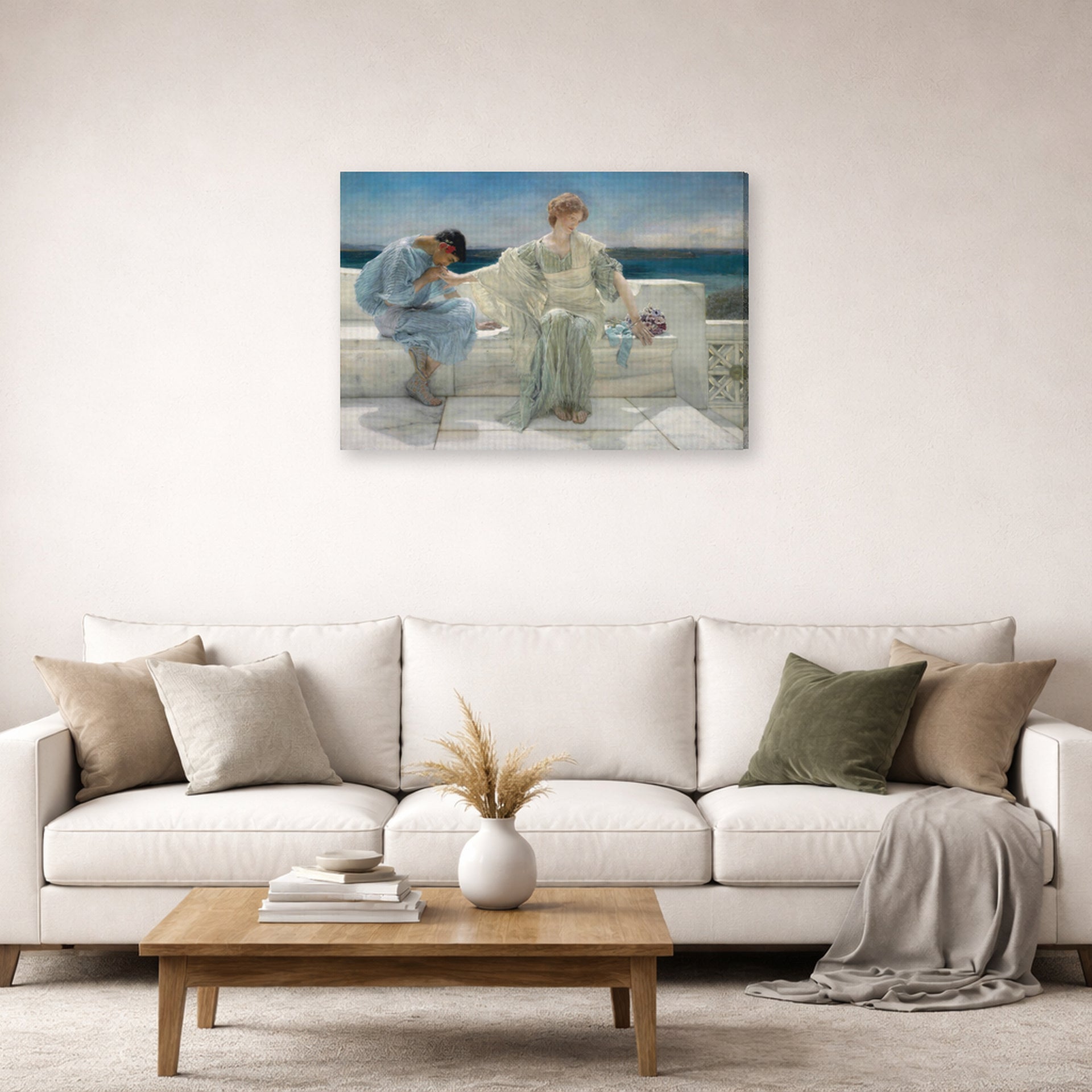 Gallery-wrapped canvas print of Sir Lawrence Alma-Tadema's Ask Me No More displayed on a wall in a living room