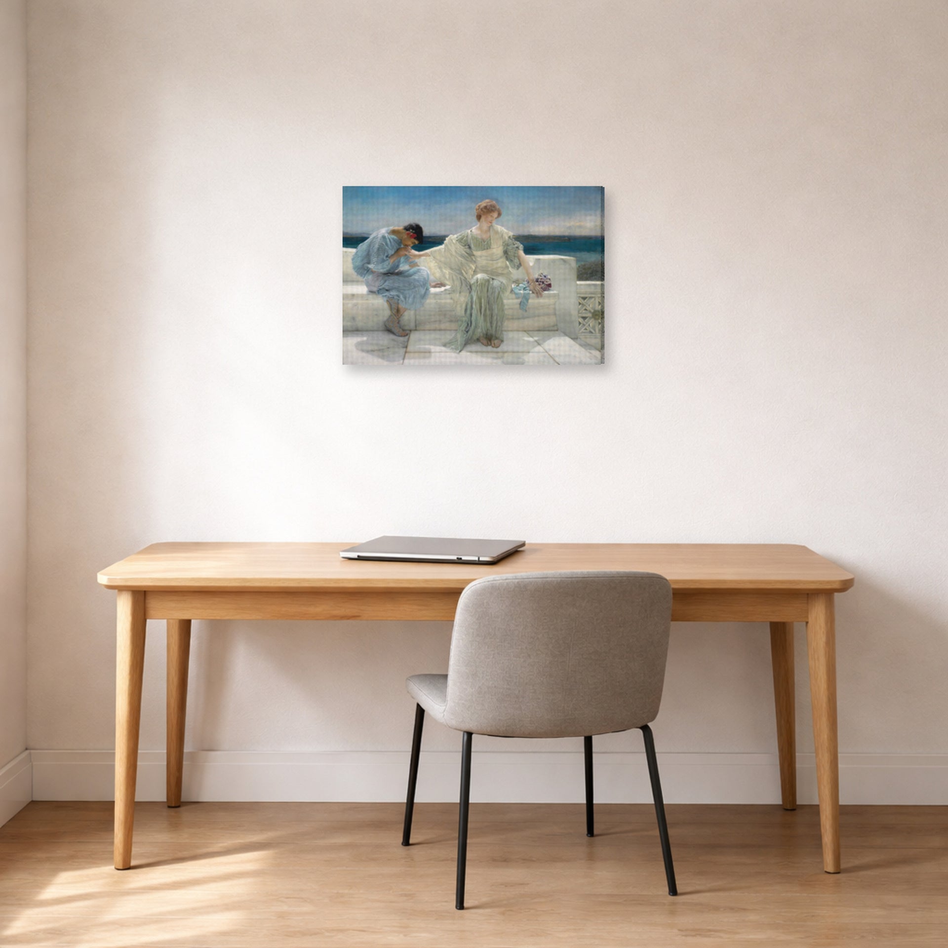 Gallery-wrapped canvas print of Sir Lawrence Alma-Tadema's Ask Me No More displayed on a wall in a office