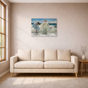 Unframed poster print of Sir Lawrence Alma-Tadema's Ask Me No More displayed on a wall in a living room