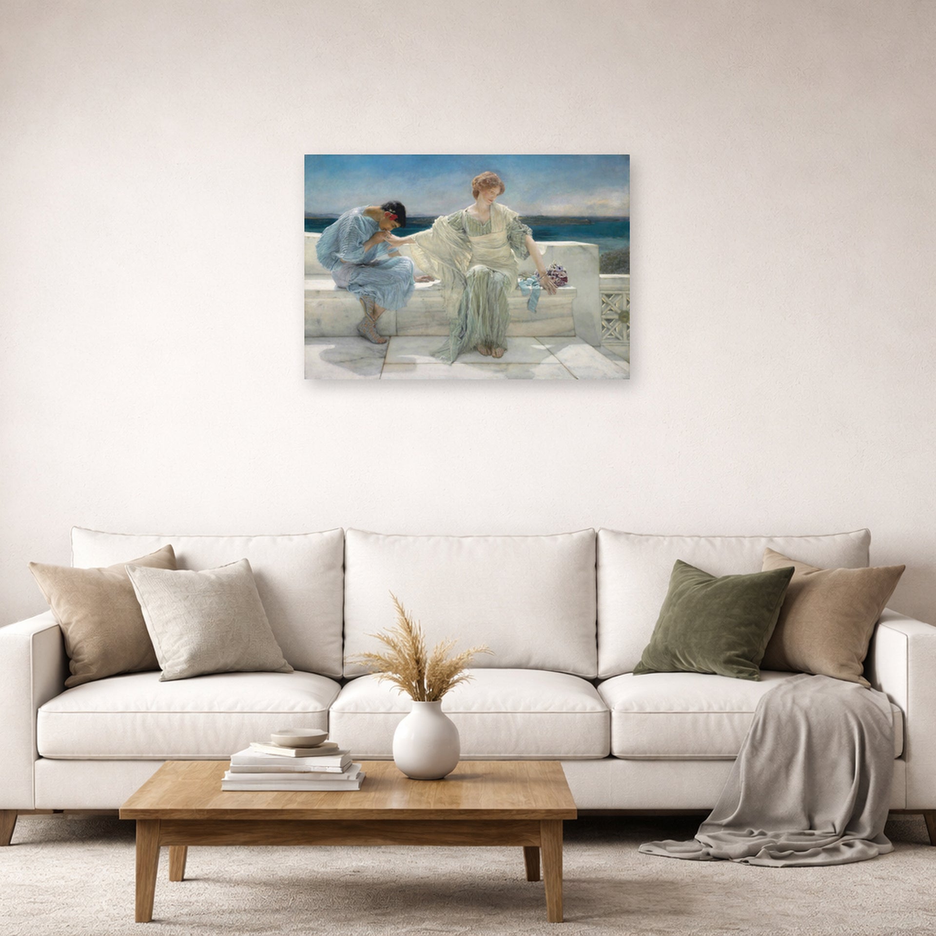 Unframed poster print of Sir Lawrence Alma-Tadema's Ask Me No More displayed on a wall in a living room