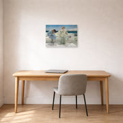 Unframed poster print of Sir Lawrence Alma-Tadema's Ask Me No More displayed on a wall in a office