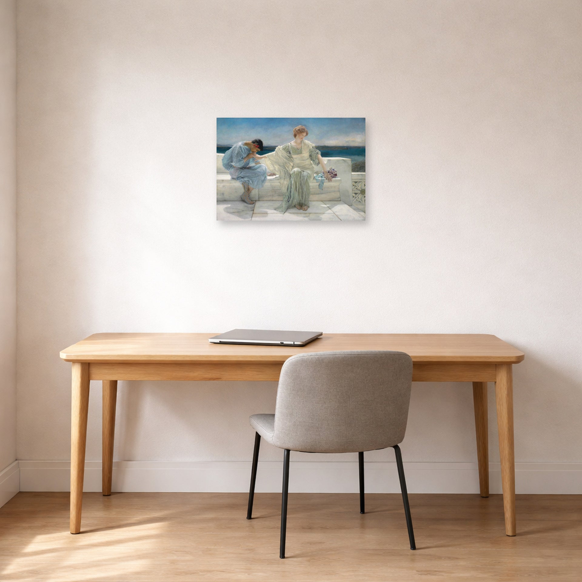 Unframed poster print of Sir Lawrence Alma-Tadema's Ask Me No More displayed on a wall in a office