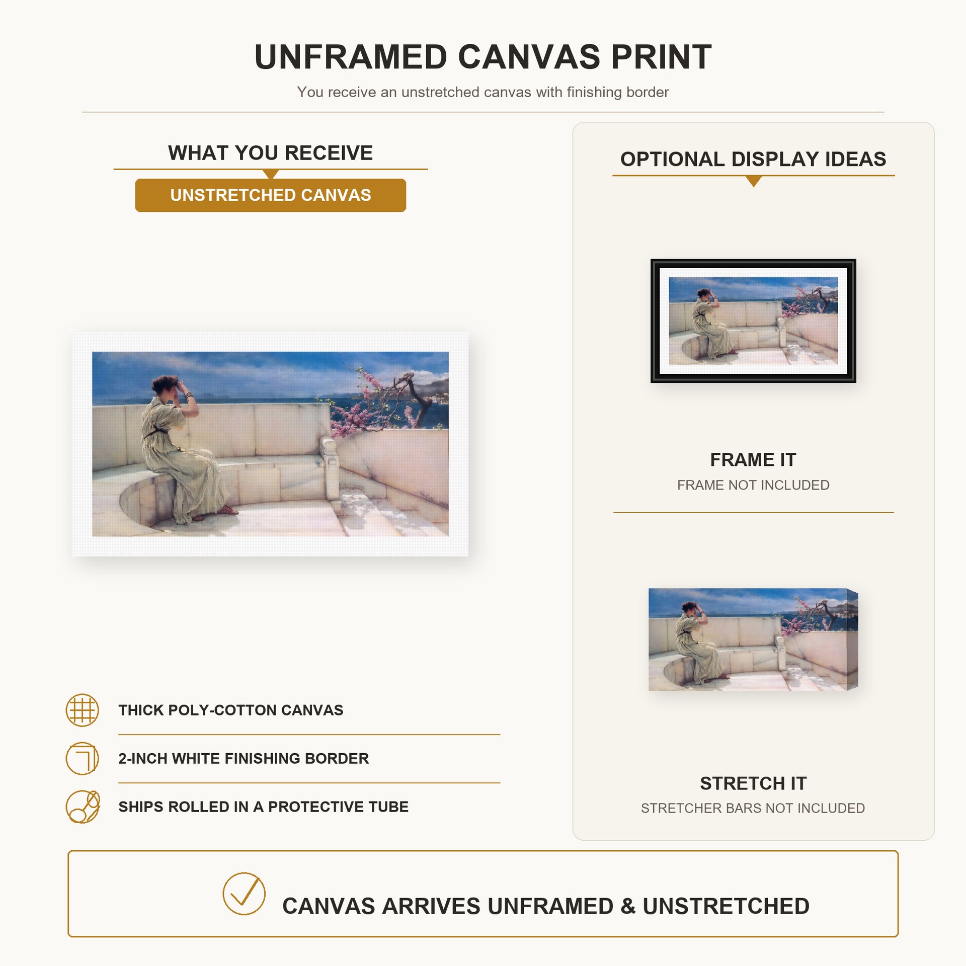 Sir Lawrence Alma-Tadema - Expectations Hope Springs Eternal canvas print size comparison and framing display infographic