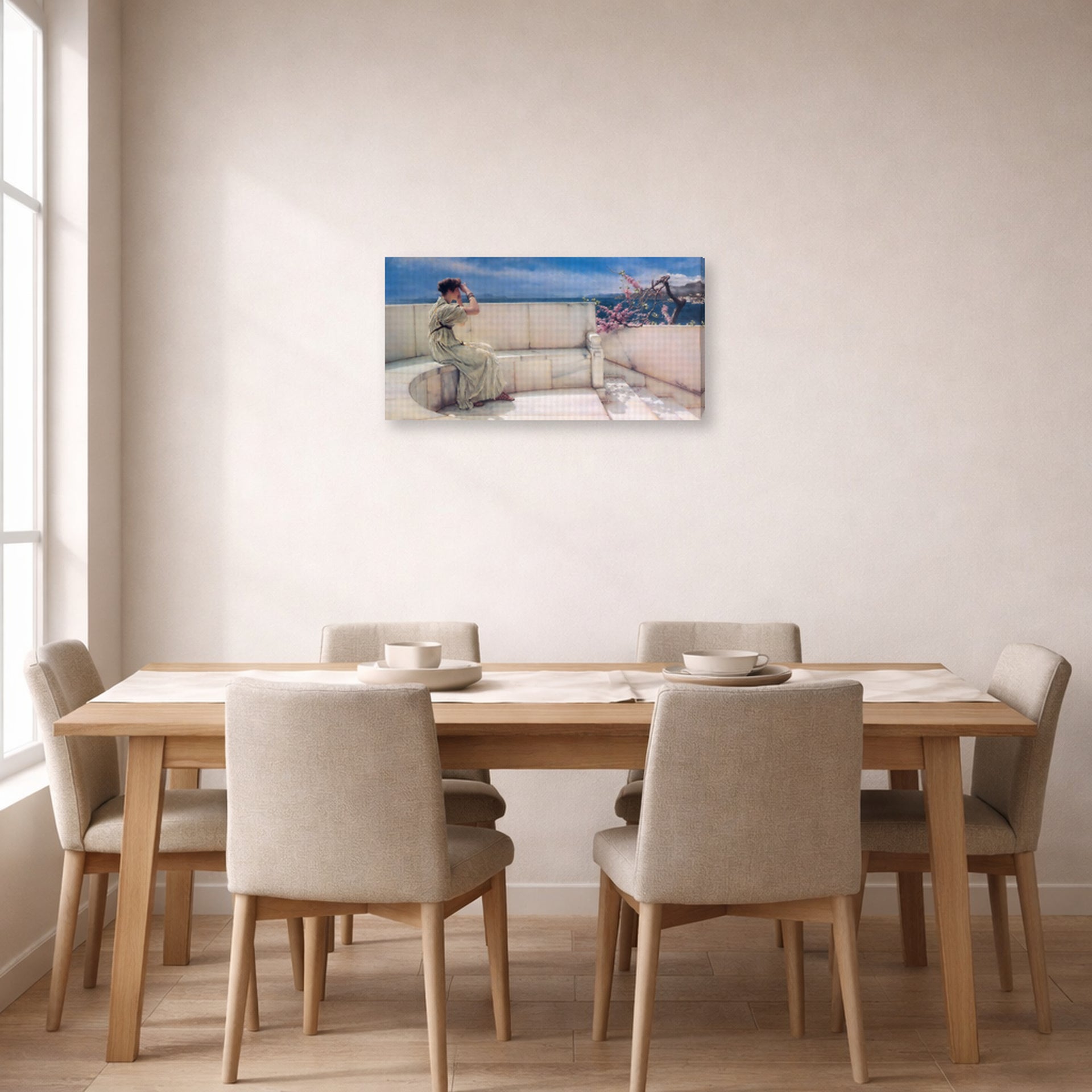 Gallery-wrapped canvas print of Sir Lawrence Alma-Tadema's Expectations Hope Springs Eternal displayed on a wall in a dining