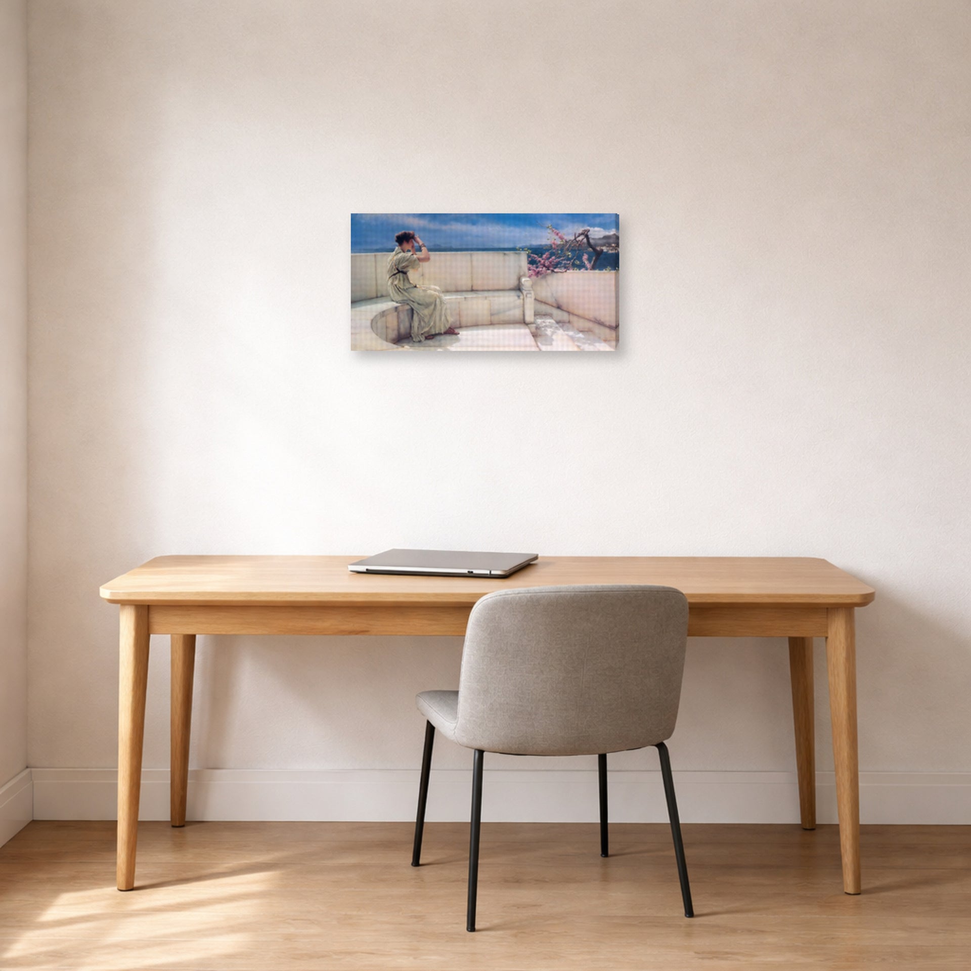 Gallery-wrapped canvas print of Sir Lawrence Alma-Tadema's Expectations Hope Springs Eternal displayed on a wall in a office