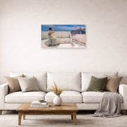 Unframed poster print of Sir Lawrence Alma-Tadema's Expectations Hope Springs Eternal displayed on a wall in a living room