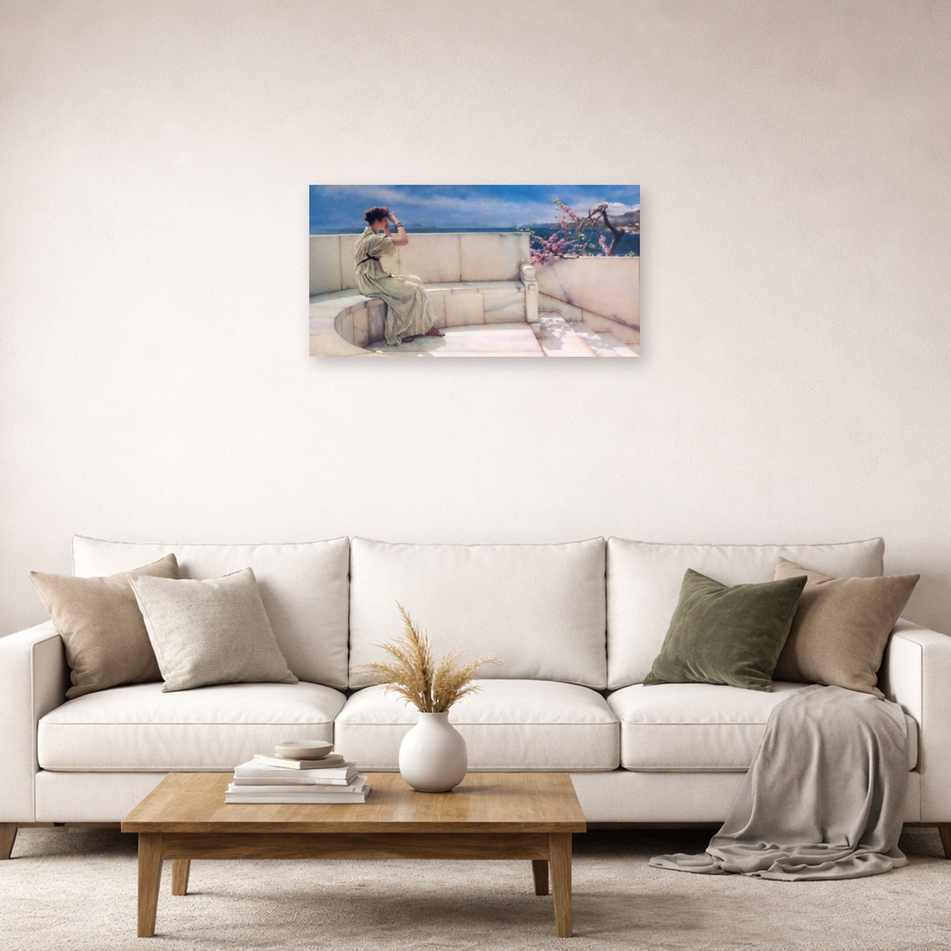 Unframed poster print of Sir Lawrence Alma-Tadema's Expectations Hope Springs Eternal displayed on a wall in a living room
