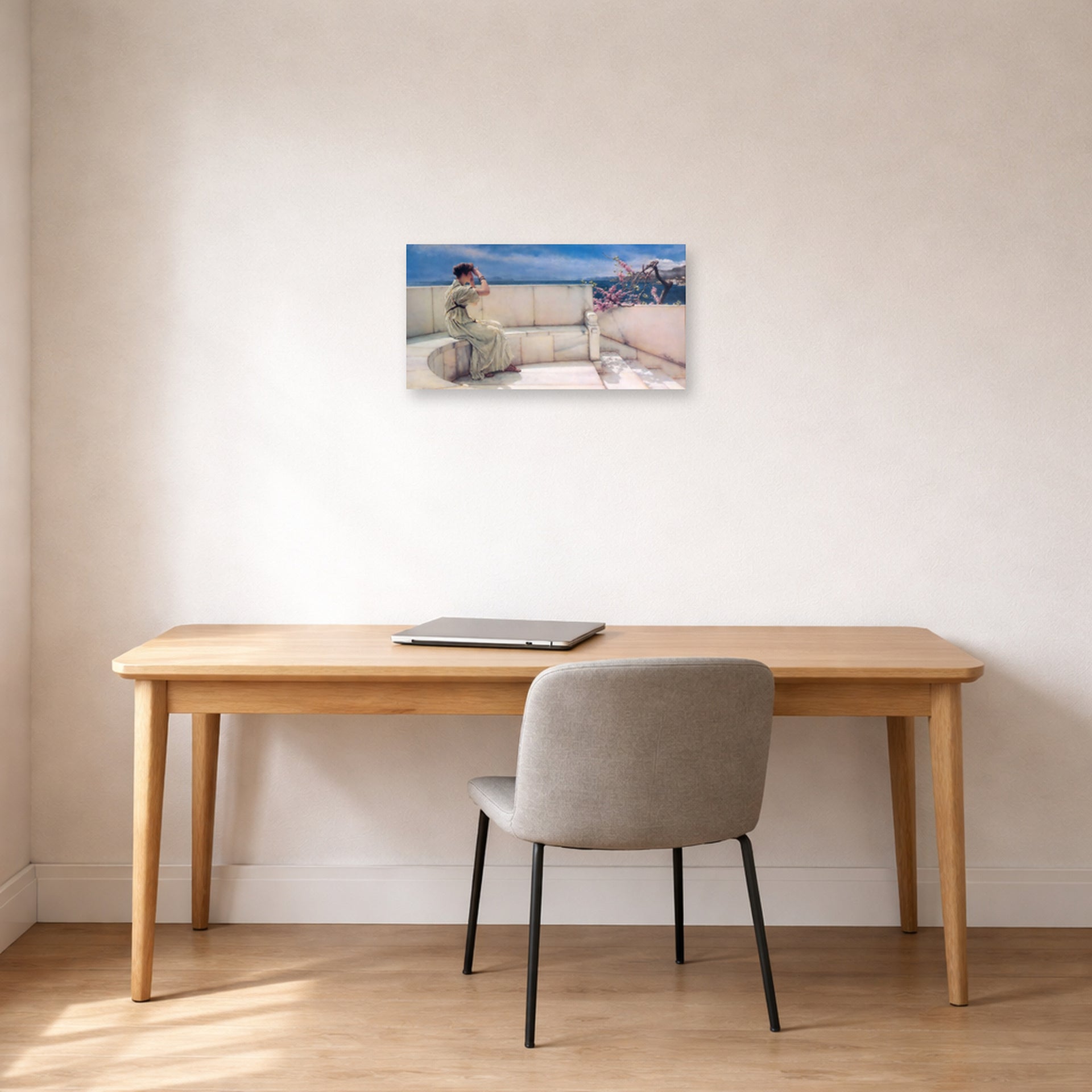 Unframed poster print of Sir Lawrence Alma-Tadema's Expectations Hope Springs Eternal displayed on a wall in a office
