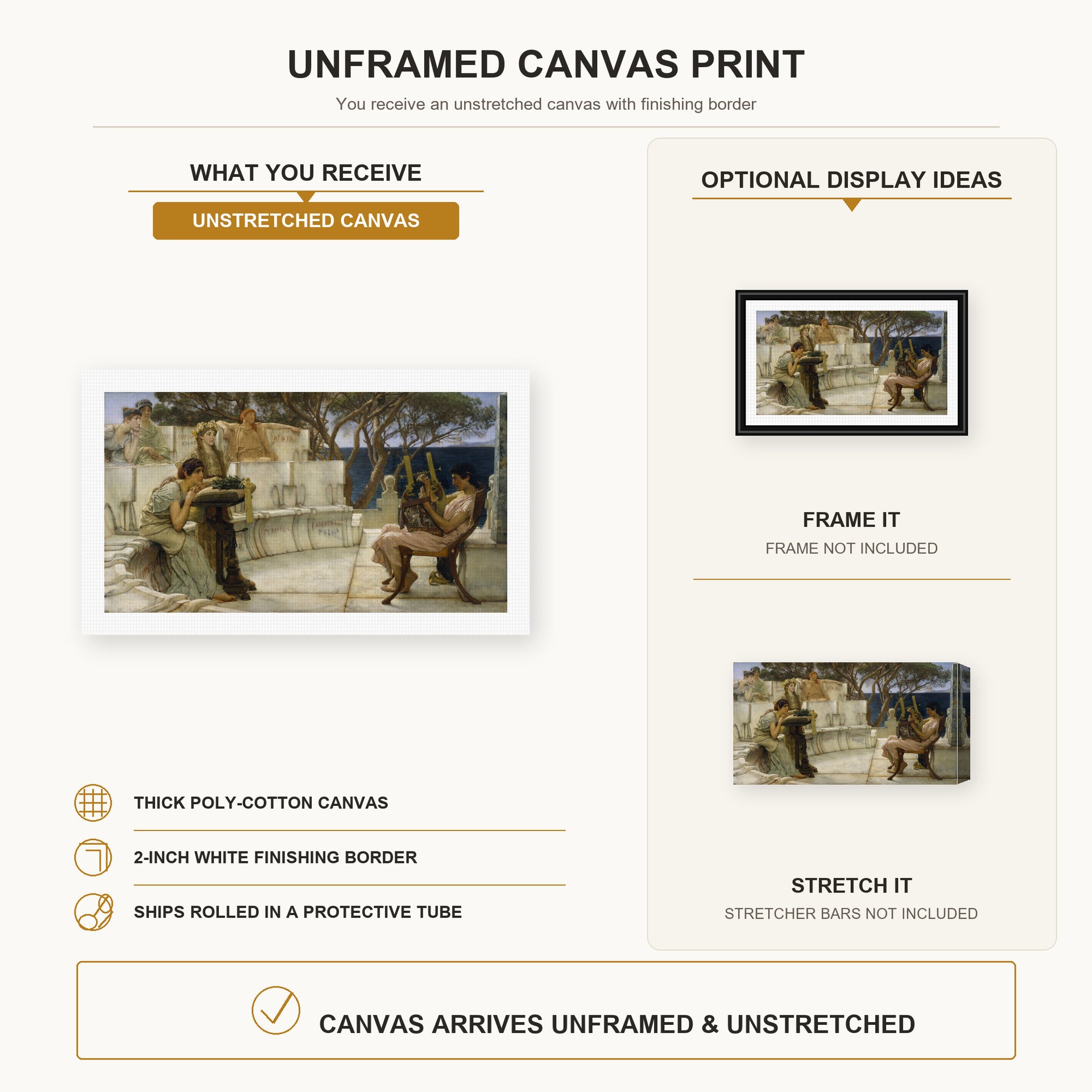 Sir Lawrence Alma-Tadema - Sappho and Alcaeus canvas print size comparison and framing display infographic