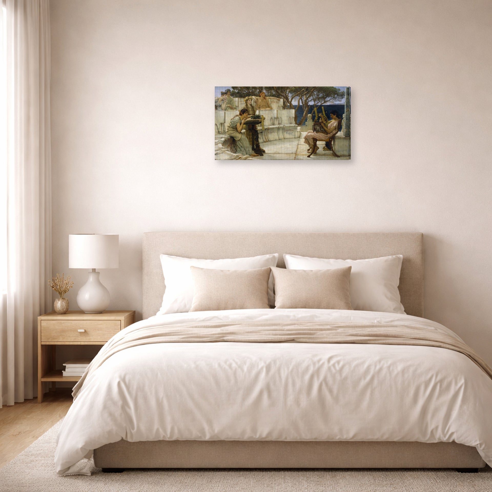 Gallery-wrapped canvas print of Sir Lawrence Alma-Tadema's Sappho and Alcaeus displayed on a wall in a bedroom