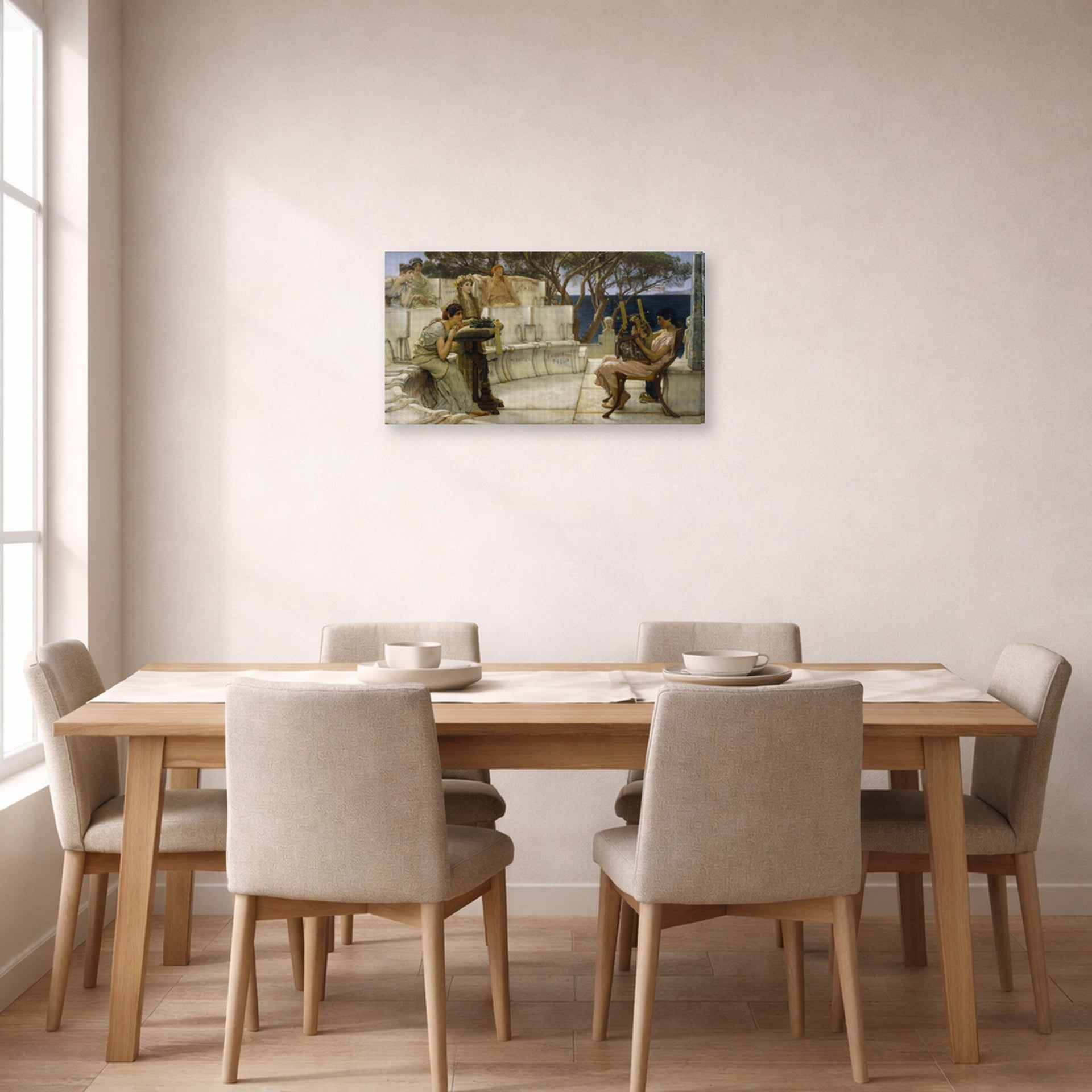 Gallery-wrapped canvas print of Sir Lawrence Alma-Tadema's Sappho and Alcaeus displayed on a wall in a dining