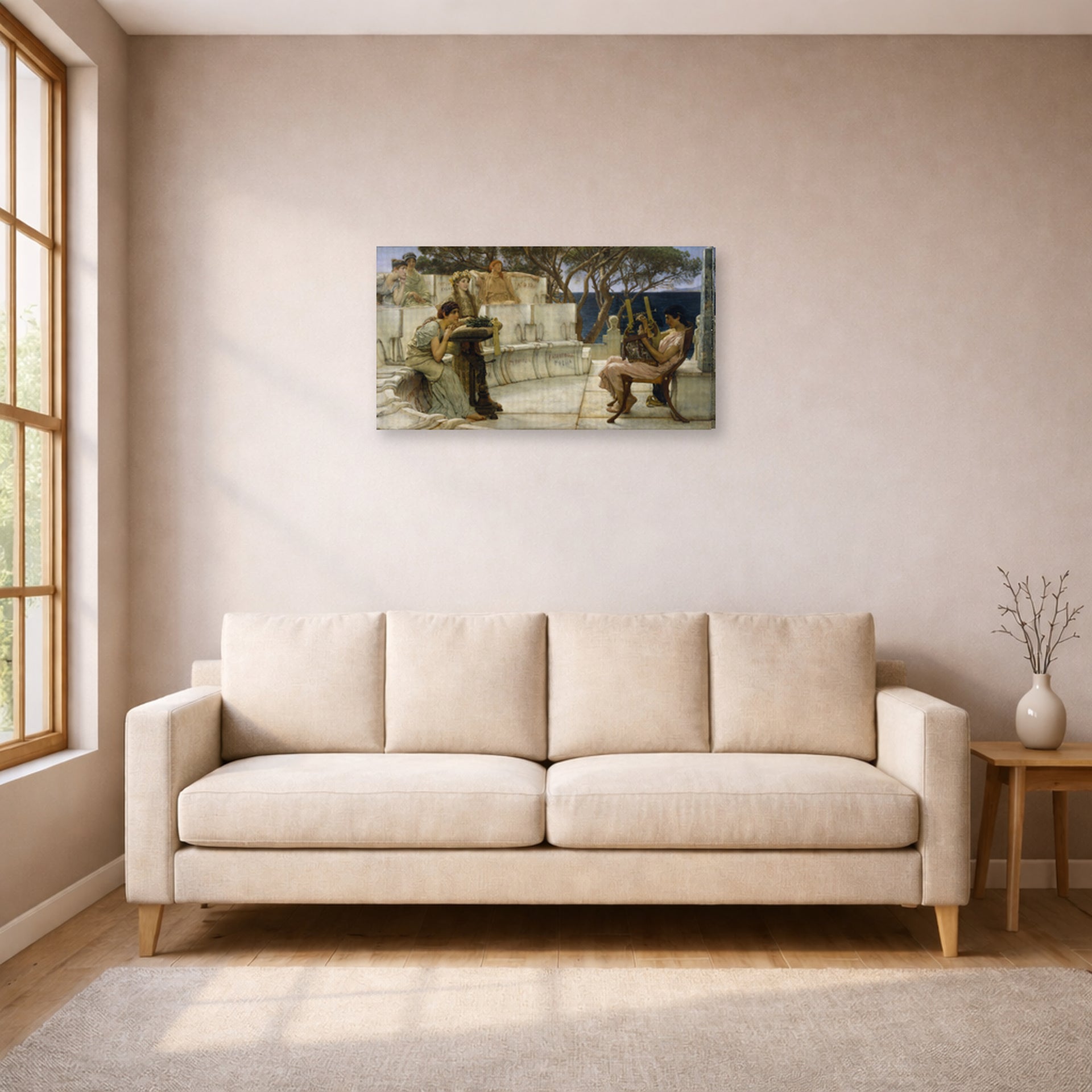 Gallery-wrapped canvas print of Sir Lawrence Alma-Tadema's Sappho and Alcaeus displayed on a wall in a living room