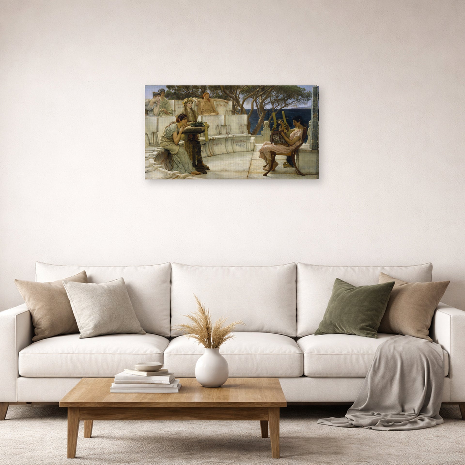Gallery-wrapped canvas print of Sir Lawrence Alma-Tadema's Sappho and Alcaeus displayed on a wall in a living room