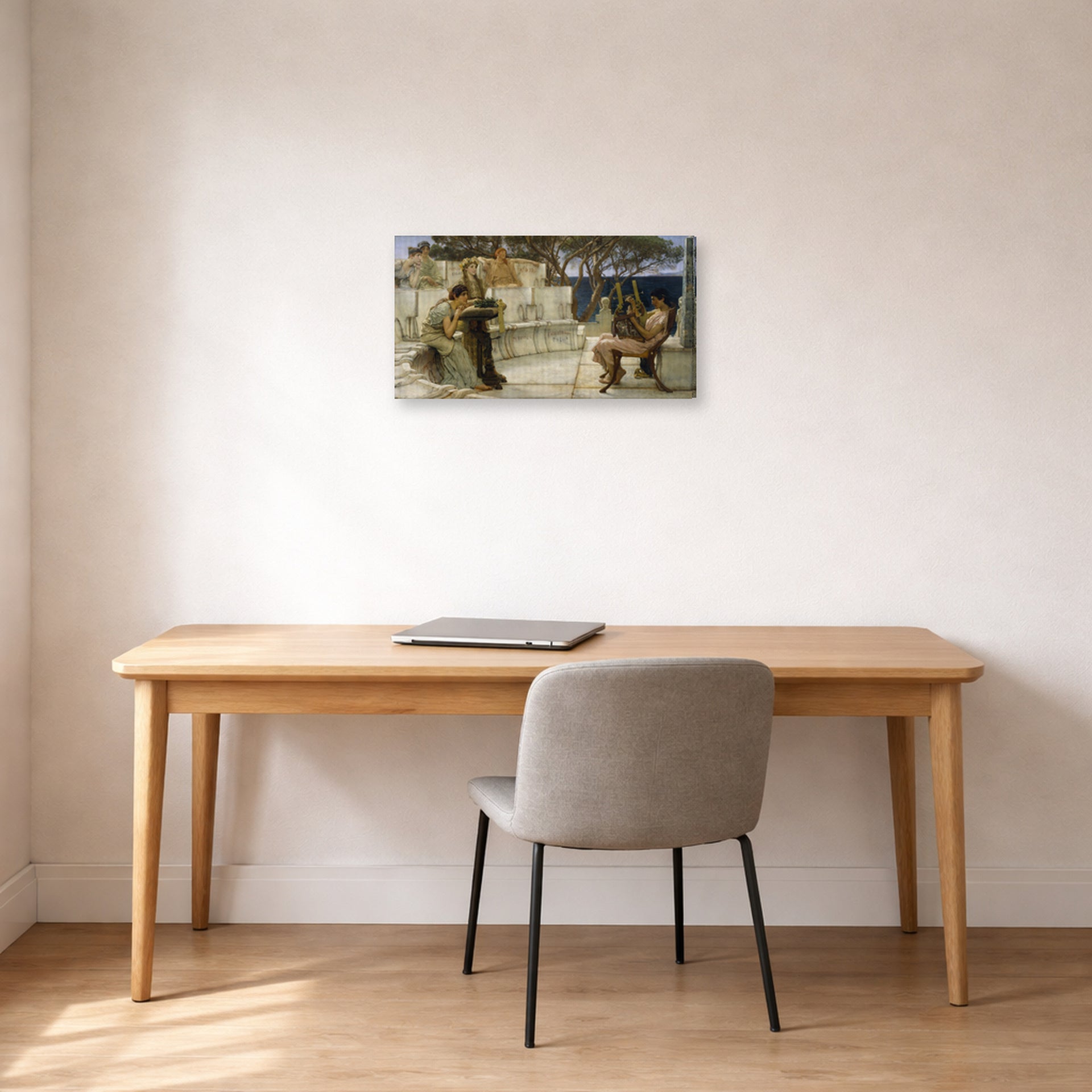 Gallery-wrapped canvas print of Sir Lawrence Alma-Tadema's Sappho and Alcaeus displayed on a wall in a office