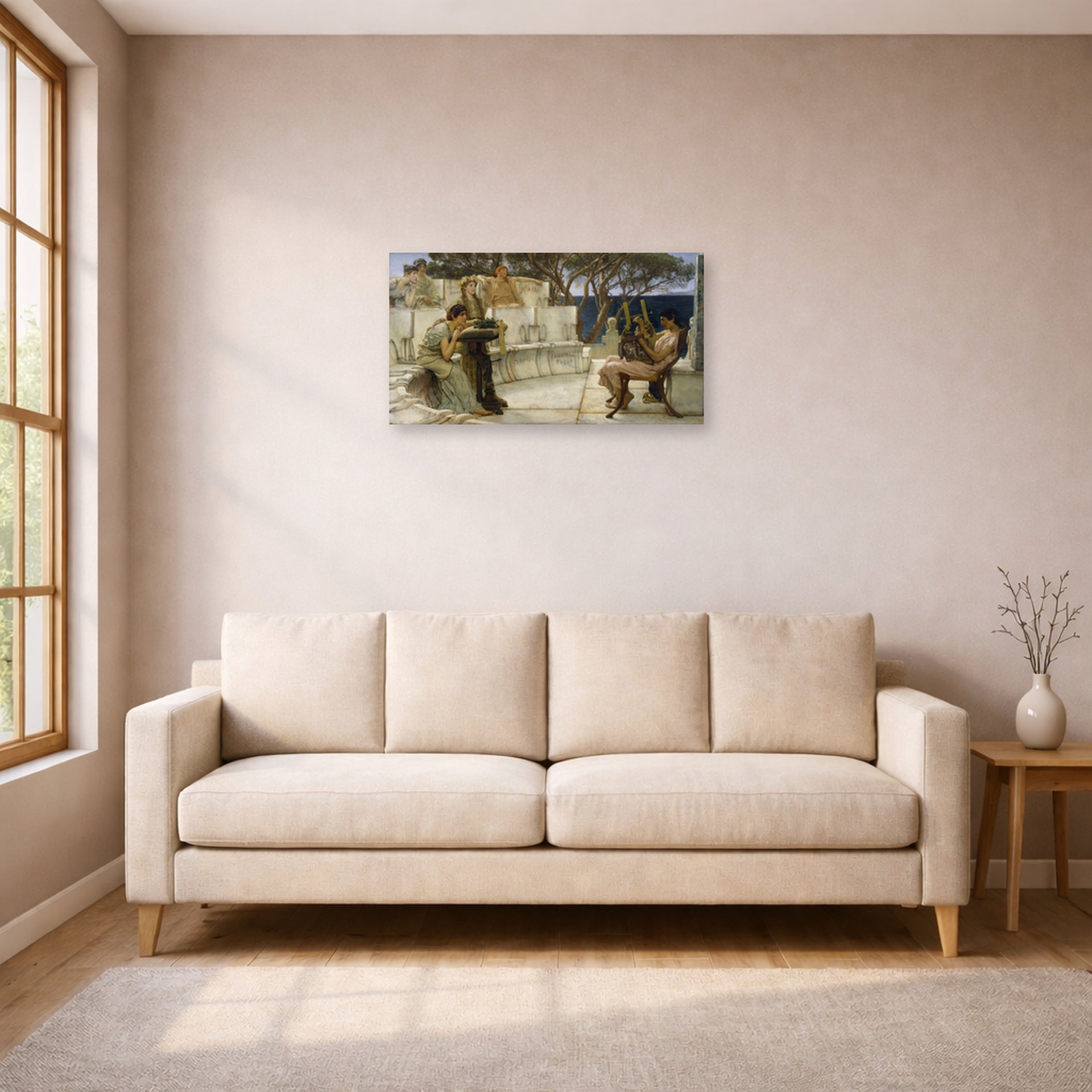 Unframed poster print of Sir Lawrence Alma-Tadema's Sappho and Alcaeus displayed on a wall in a living room