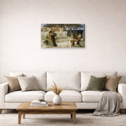 Unframed poster print of Sir Lawrence Alma-Tadema's Sappho and Alcaeus displayed on a wall in a living room