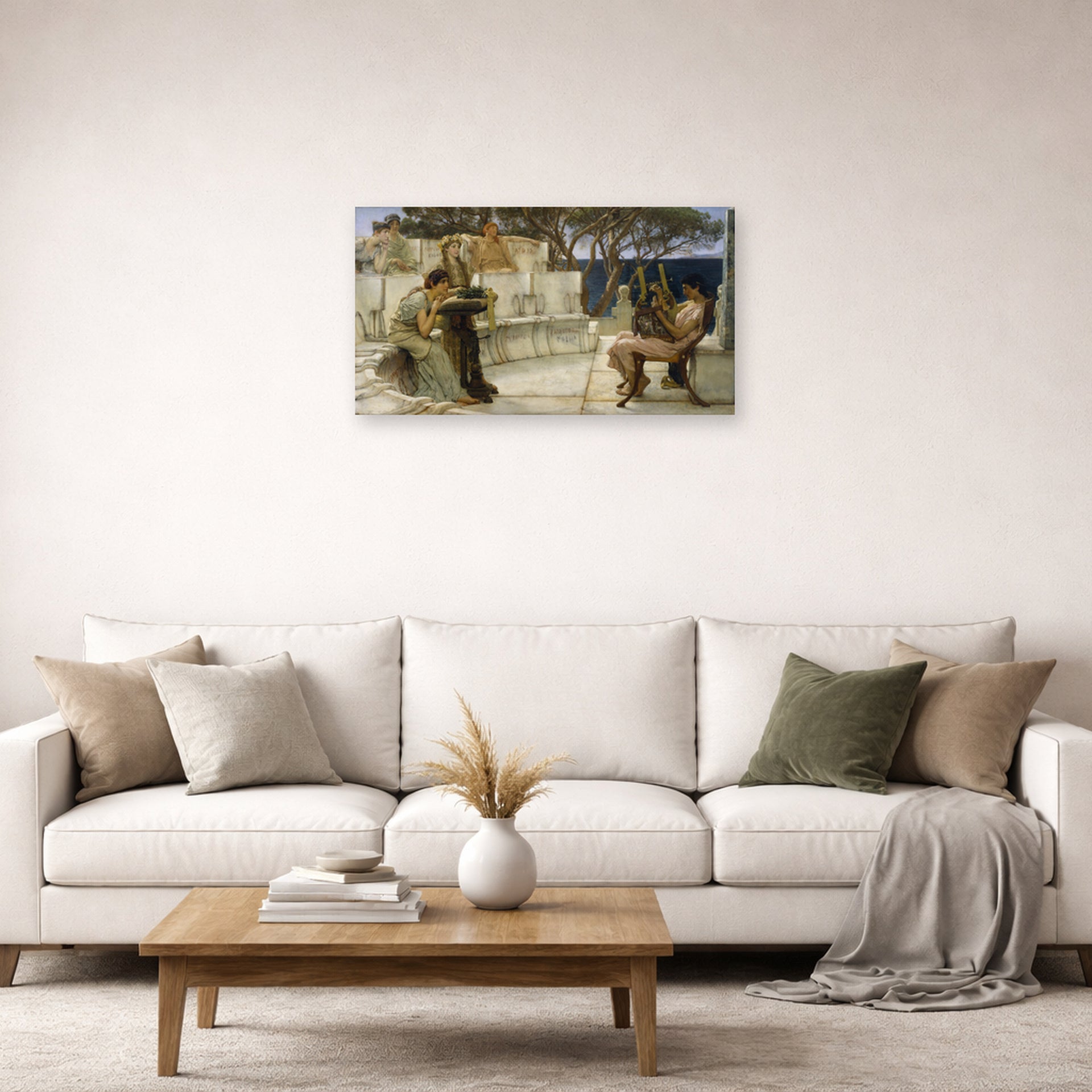 Unframed poster print of Sir Lawrence Alma-Tadema's Sappho and Alcaeus displayed on a wall in a living room