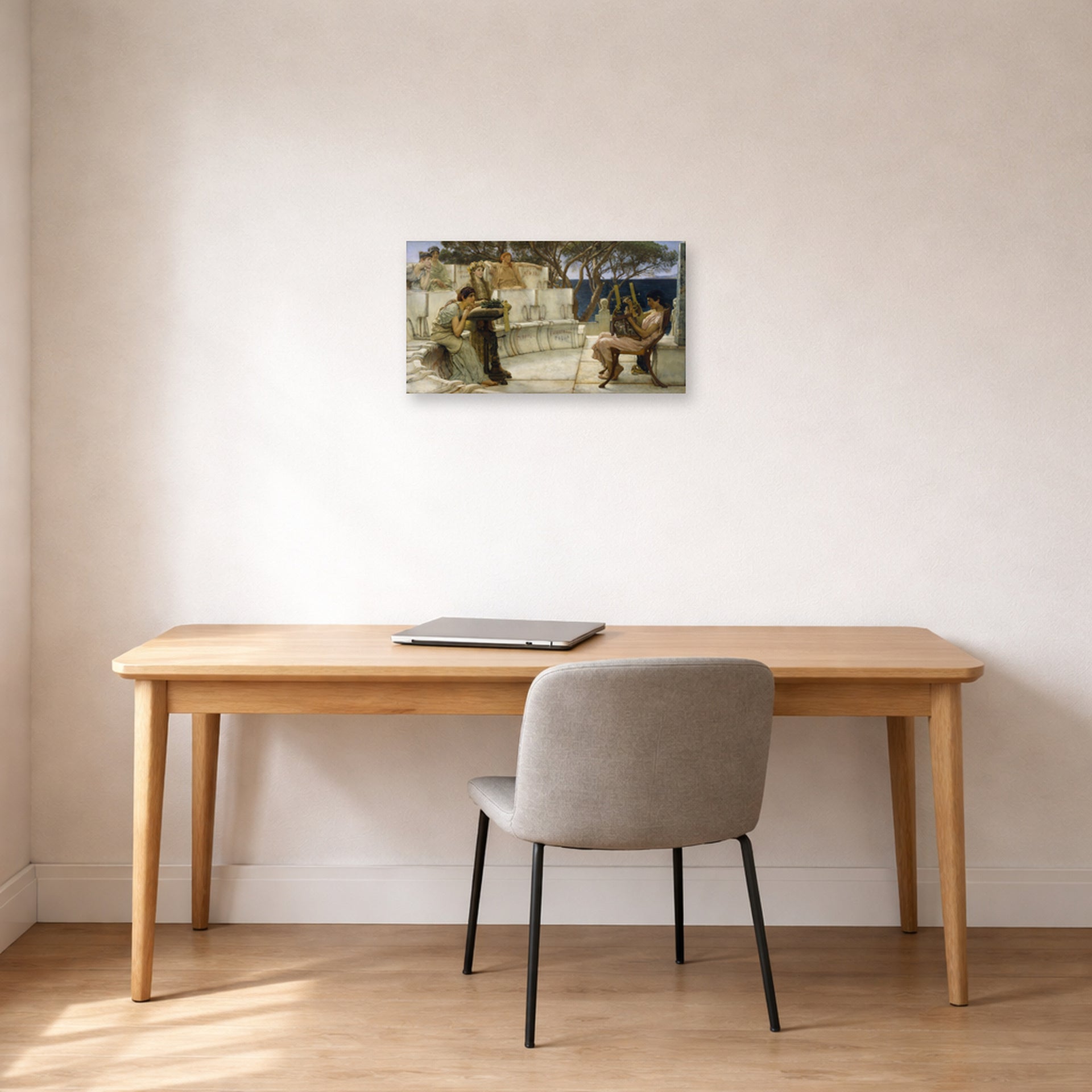 Unframed poster print of Sir Lawrence Alma-Tadema's Sappho and Alcaeus displayed on a wall in a office