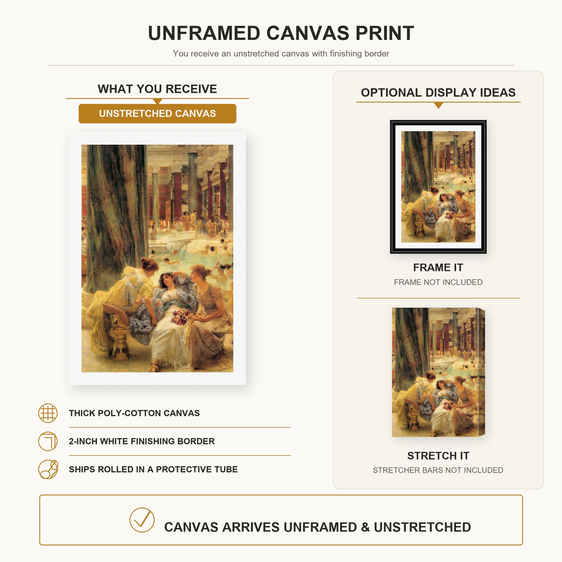 Sir Lawrence Alma-Tadema - The Baths of Caracalla canvas print size comparison and framing display infographic