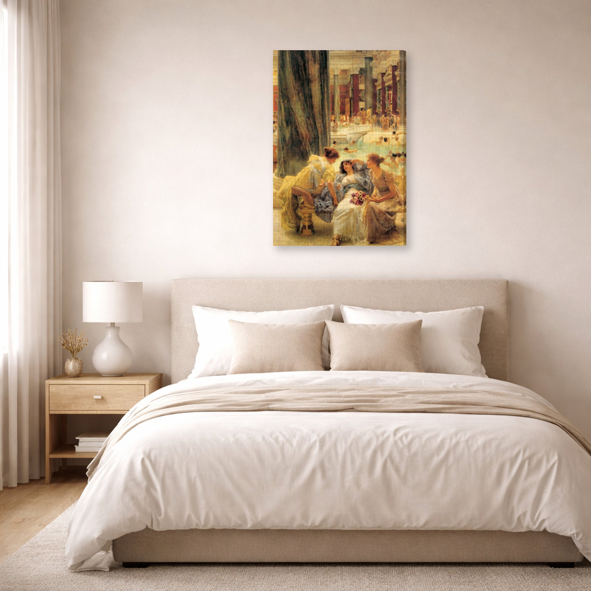 Gallery-wrapped canvas print of Sir Lawrence Alma-Tadema's The Baths of Caracalla displayed on a wall in a bedroom