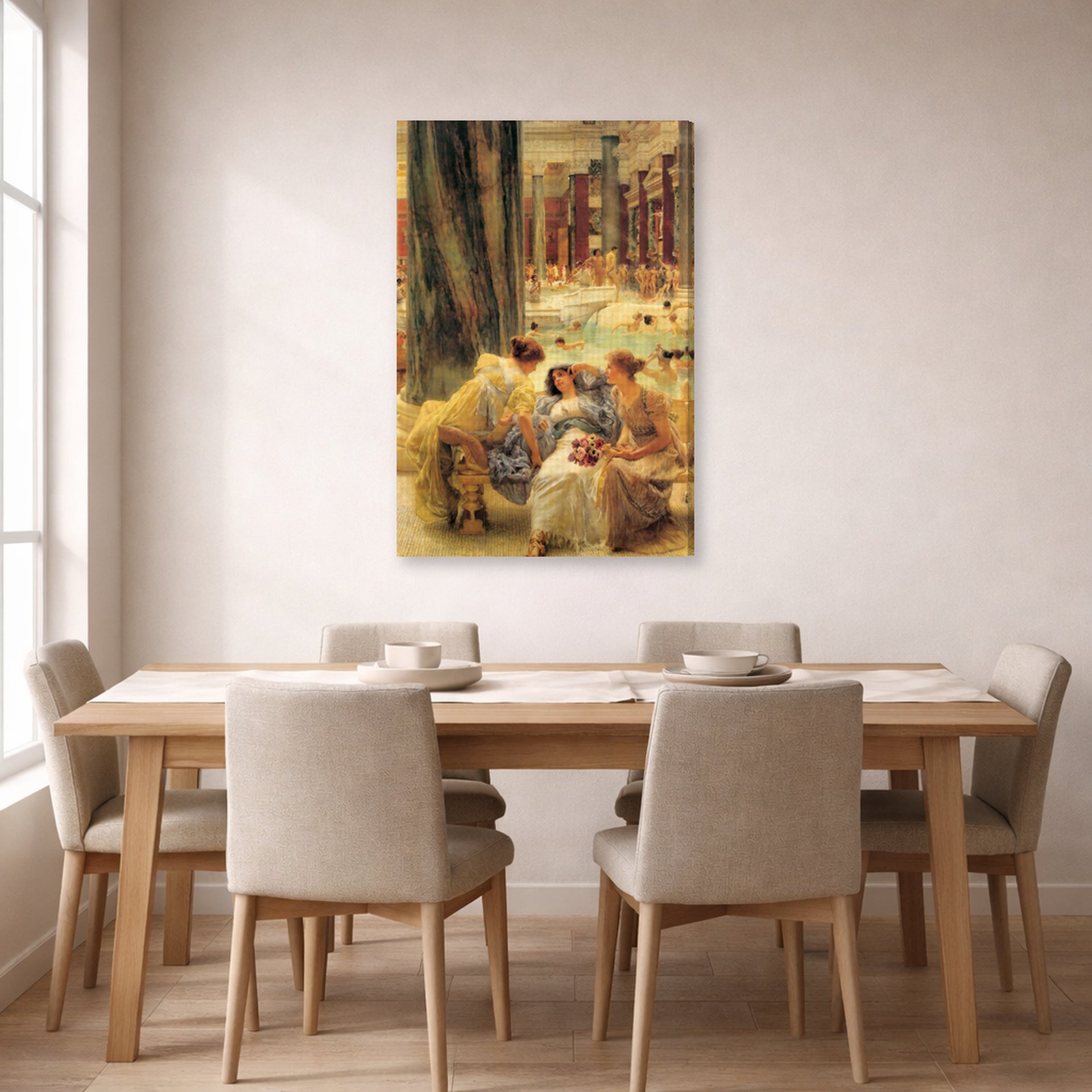 Gallery-wrapped canvas print of Sir Lawrence Alma-Tadema's The Baths of Caracalla displayed on a wall in a dining