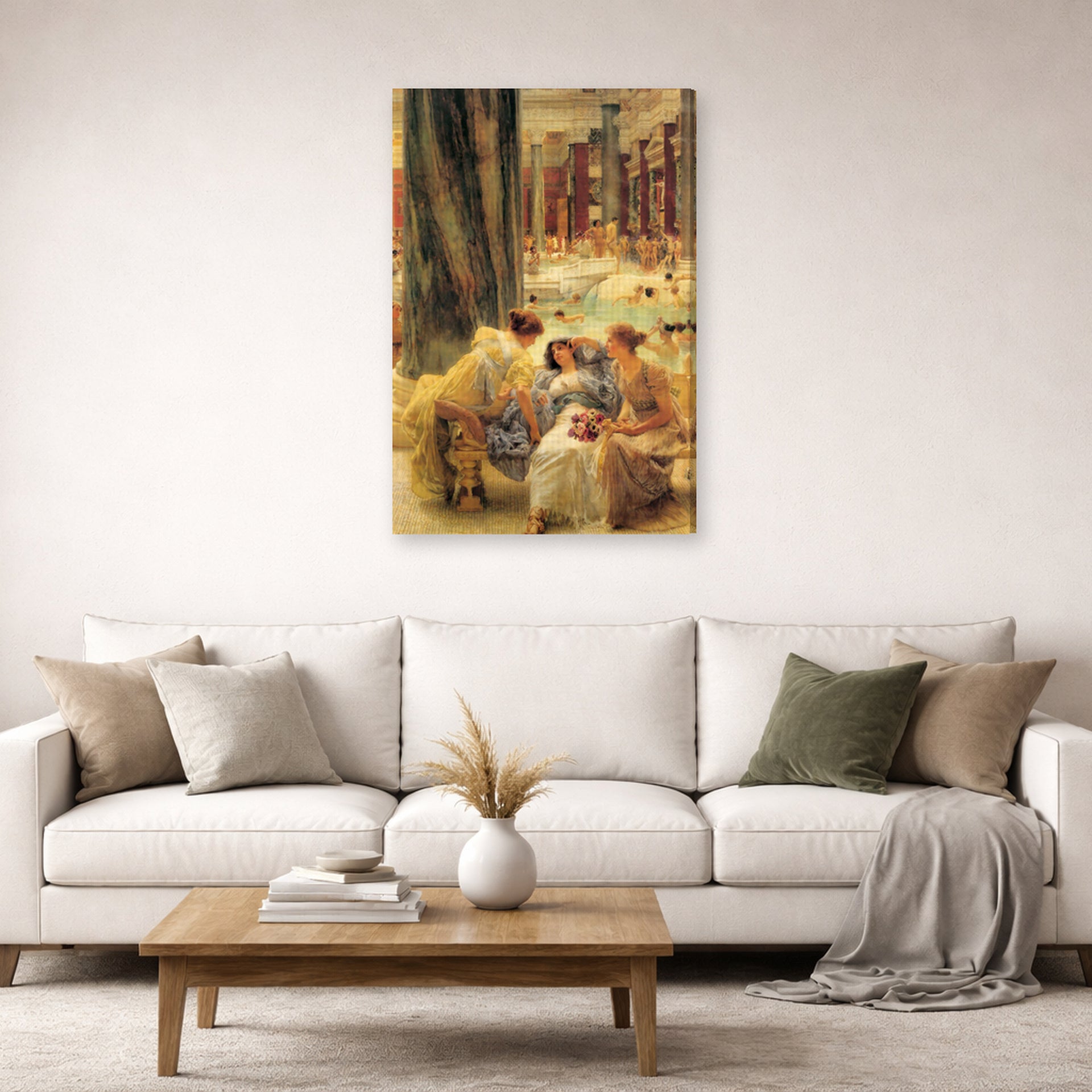 Gallery-wrapped canvas print of Sir Lawrence Alma-Tadema's The Baths of Caracalla displayed on a wall in a living room