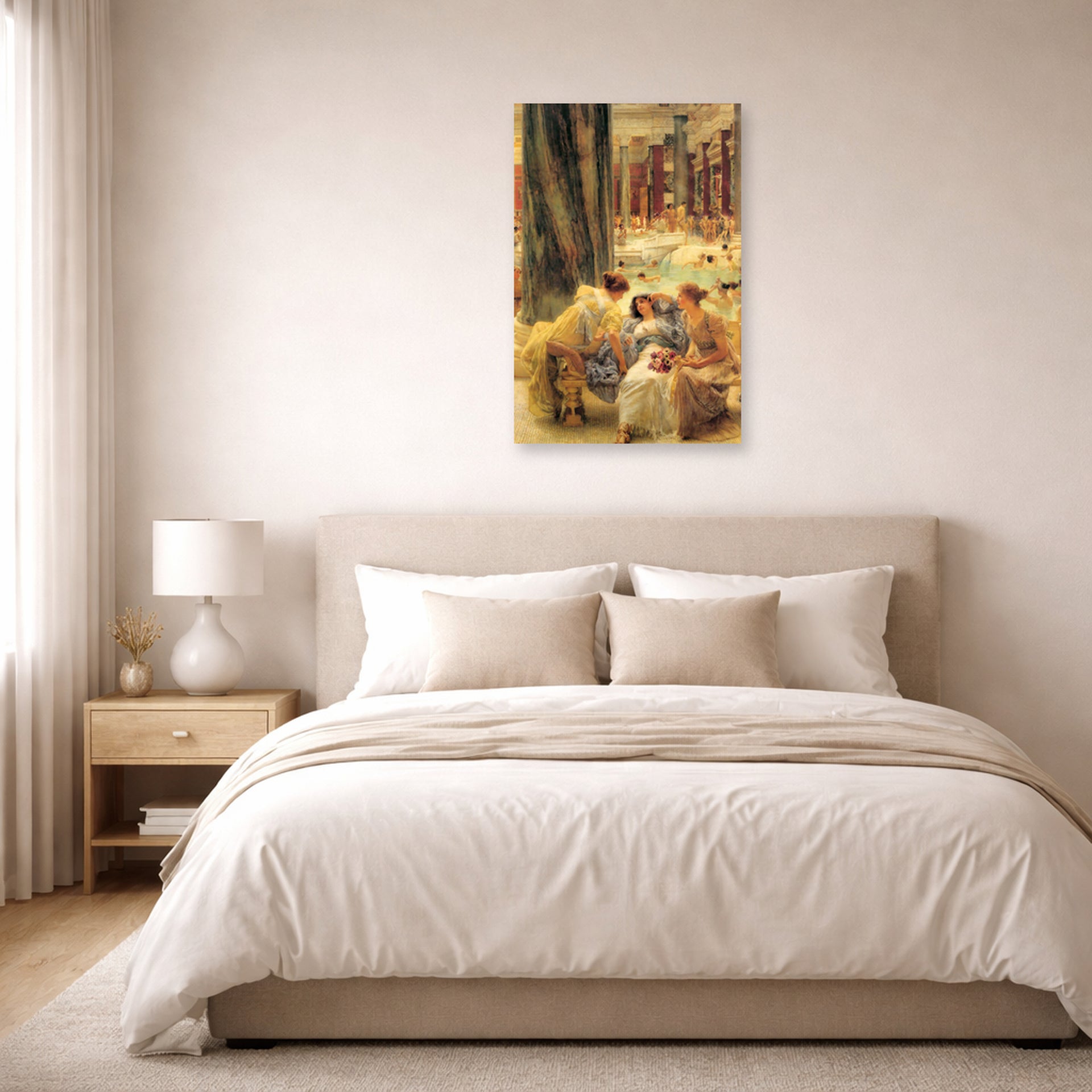 Unframed poster print of Sir Lawrence Alma-Tadema's The Baths of Caracalla displayed on a wall in a bedroom