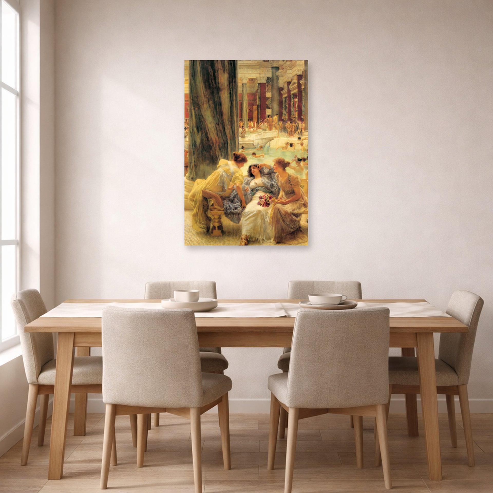 Unframed poster print of Sir Lawrence Alma-Tadema's The Baths of Caracalla displayed on a wall in a dining