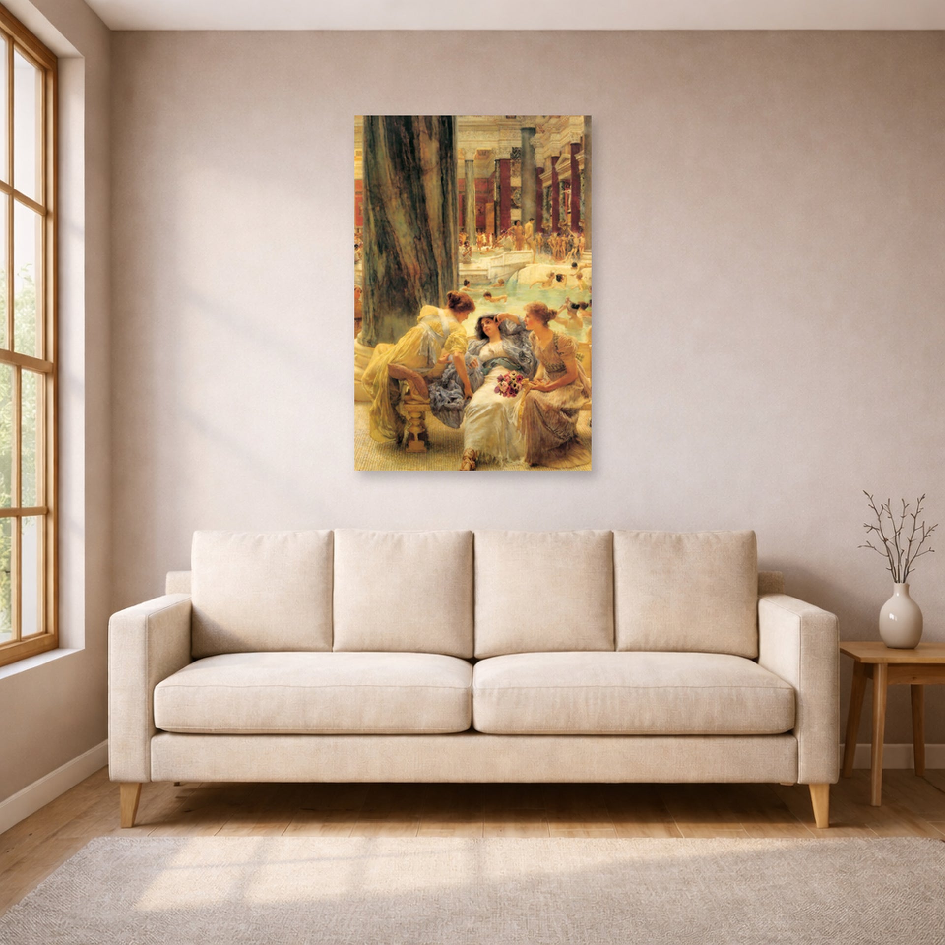 Unframed poster print of Sir Lawrence Alma-Tadema's The Baths of Caracalla displayed on a wall in a living room