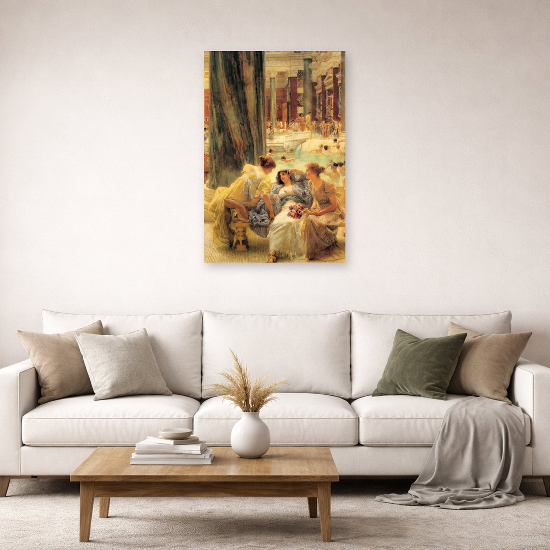Unframed poster print of Sir Lawrence Alma-Tadema's The Baths of Caracalla displayed on a wall in a living room