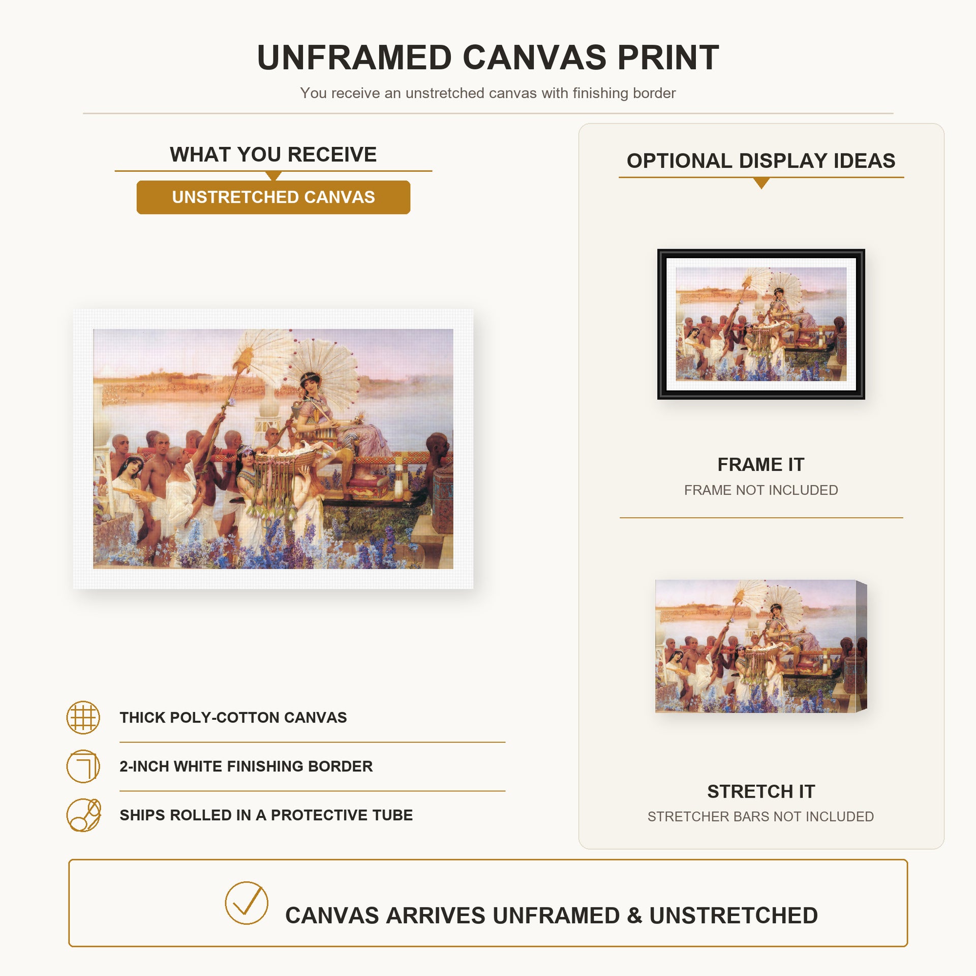 Sir Lawrence Alma-Tadema - The Finding of Moses canvas print size comparison and framing display infographic
