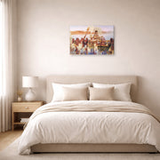 Gallery-wrapped canvas print of Sir Lawrence Alma-Tadema's The Finding of Moses displayed on a wall in a bedroom