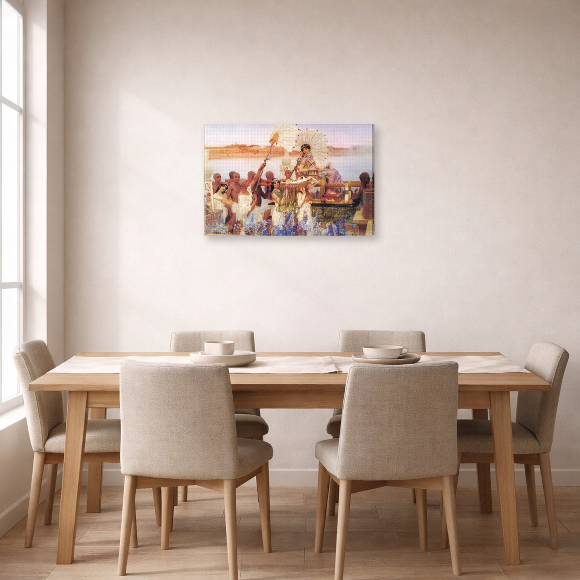 Gallery-wrapped canvas print of Sir Lawrence Alma-Tadema's The Finding of Moses displayed on a wall in a dining