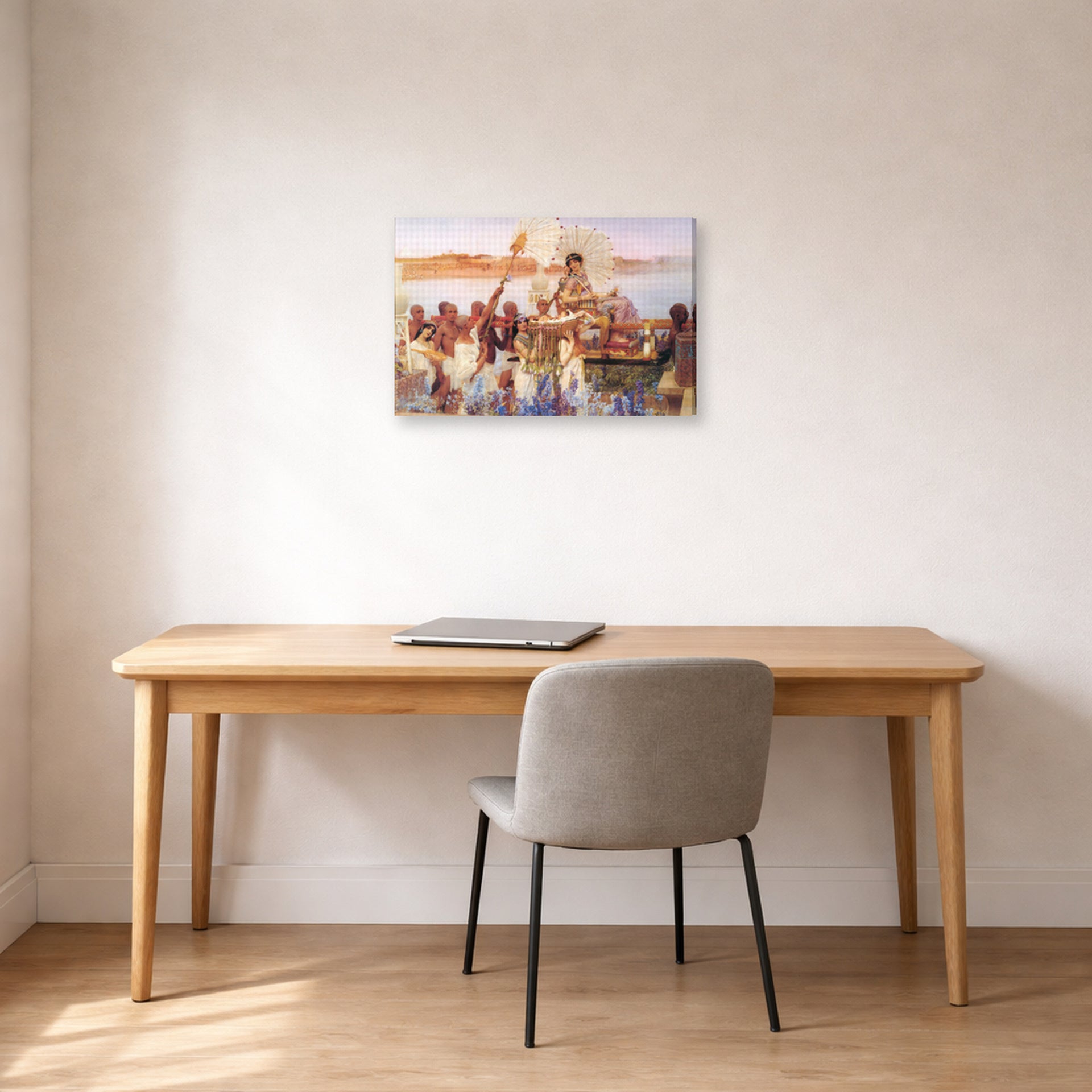 Gallery-wrapped canvas print of Sir Lawrence Alma-Tadema's The Finding of Moses displayed on a wall in a office