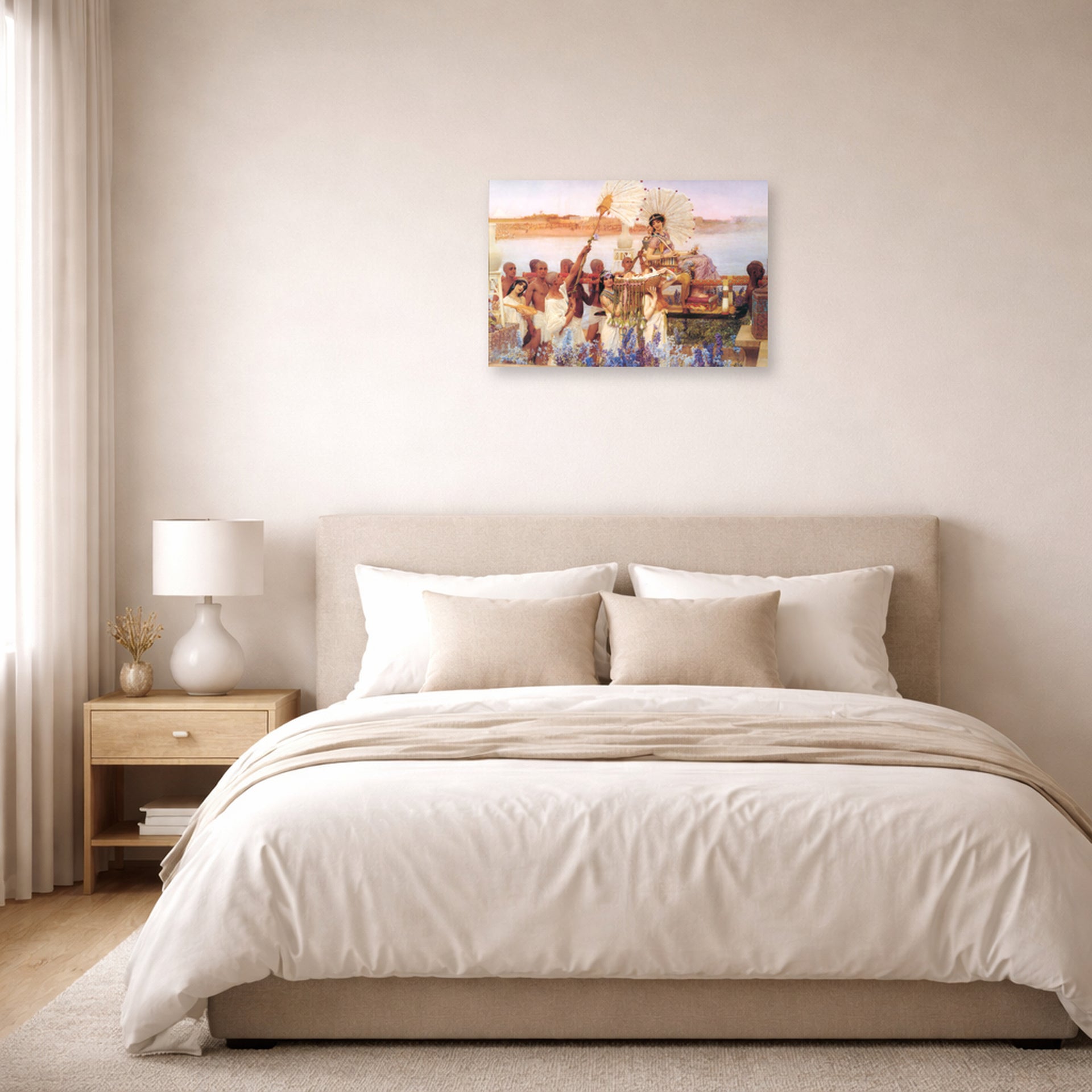 Unframed poster print of Sir Lawrence Alma-Tadema's The Finding of Moses displayed on a wall in a bedroom