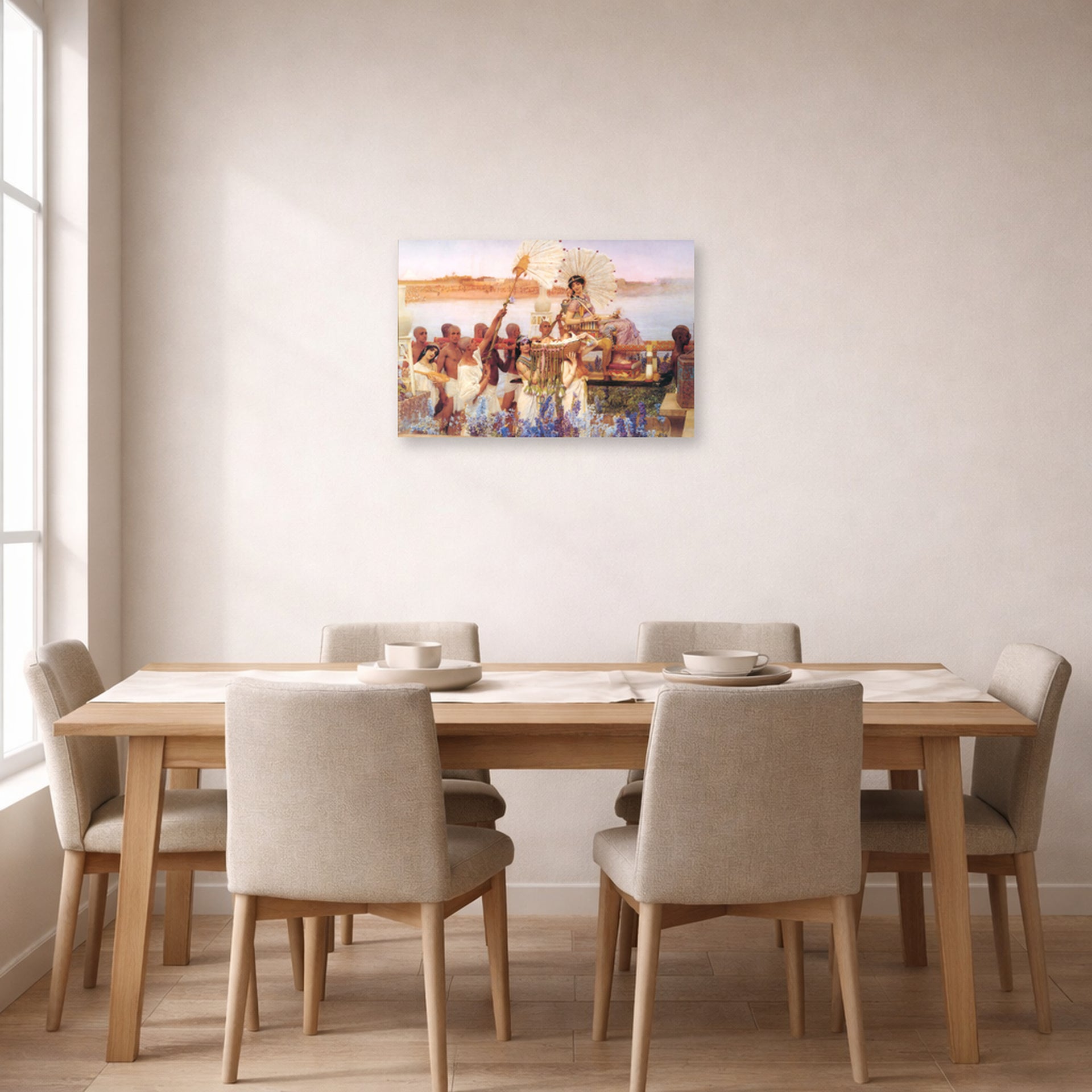 Unframed poster print of Sir Lawrence Alma-Tadema's The Finding of Moses displayed on a wall in a dining