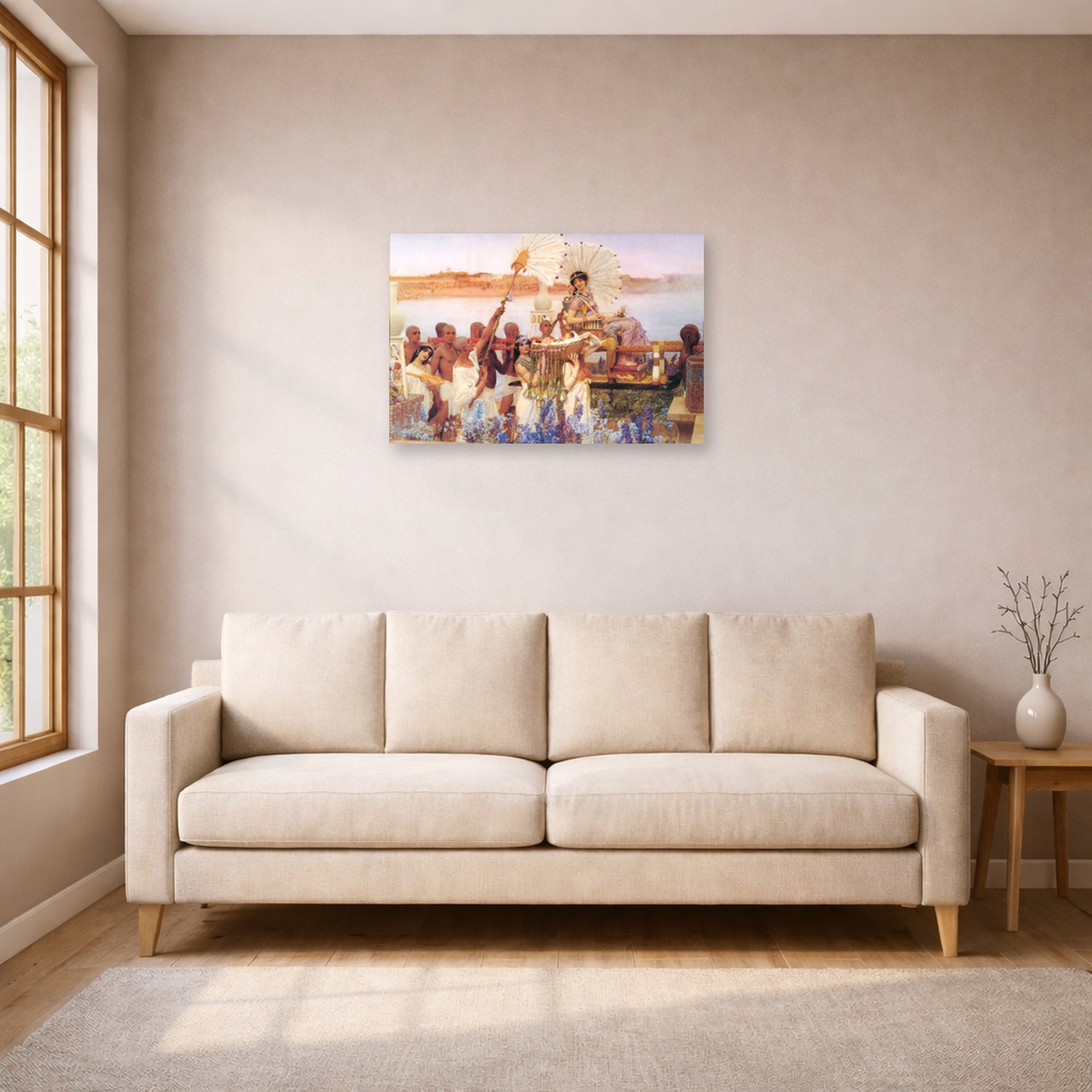 Unframed poster print of Sir Lawrence Alma-Tadema's The Finding of Moses displayed on a wall in a living room