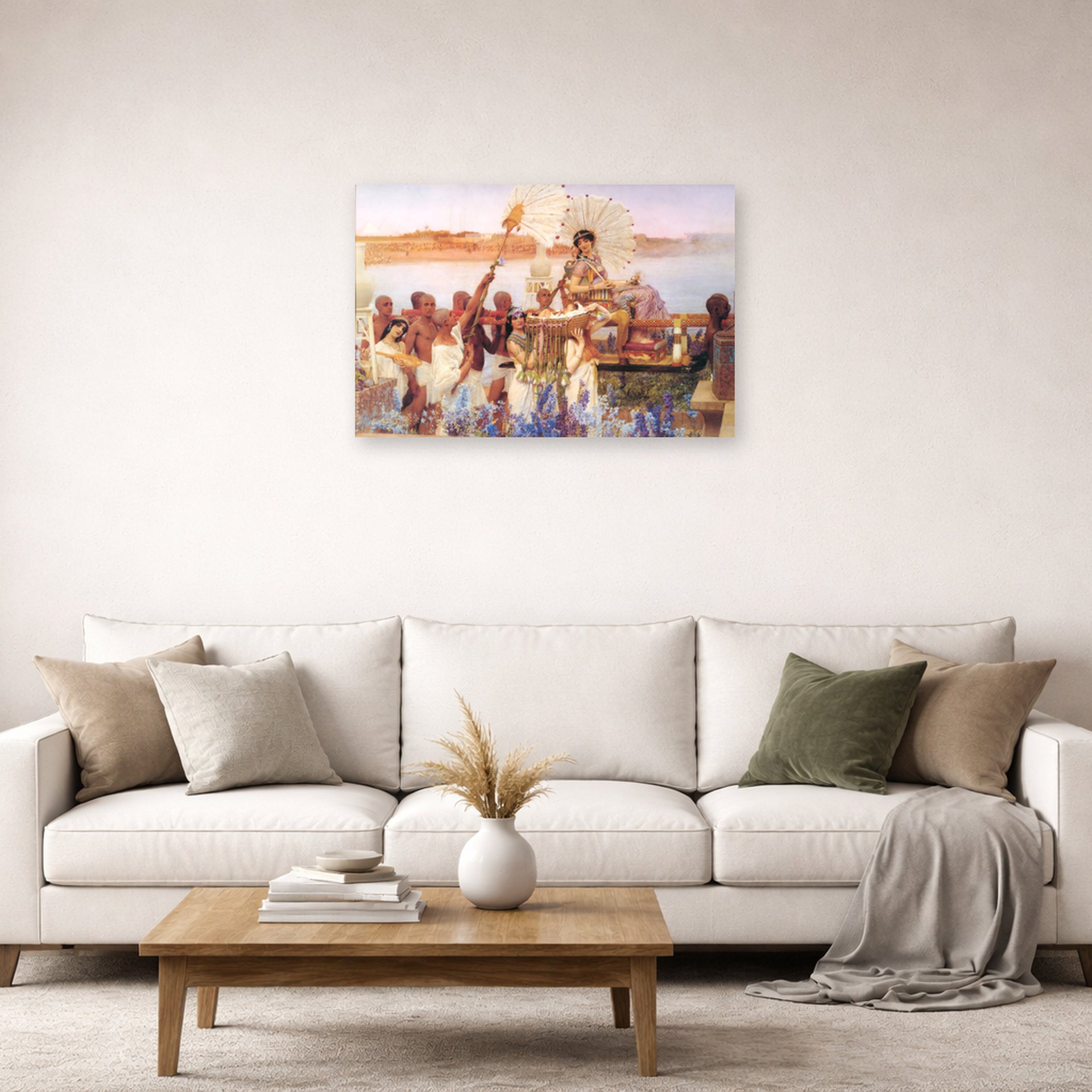 Unframed poster print of Sir Lawrence Alma-Tadema's The Finding of Moses displayed on a wall in a living room