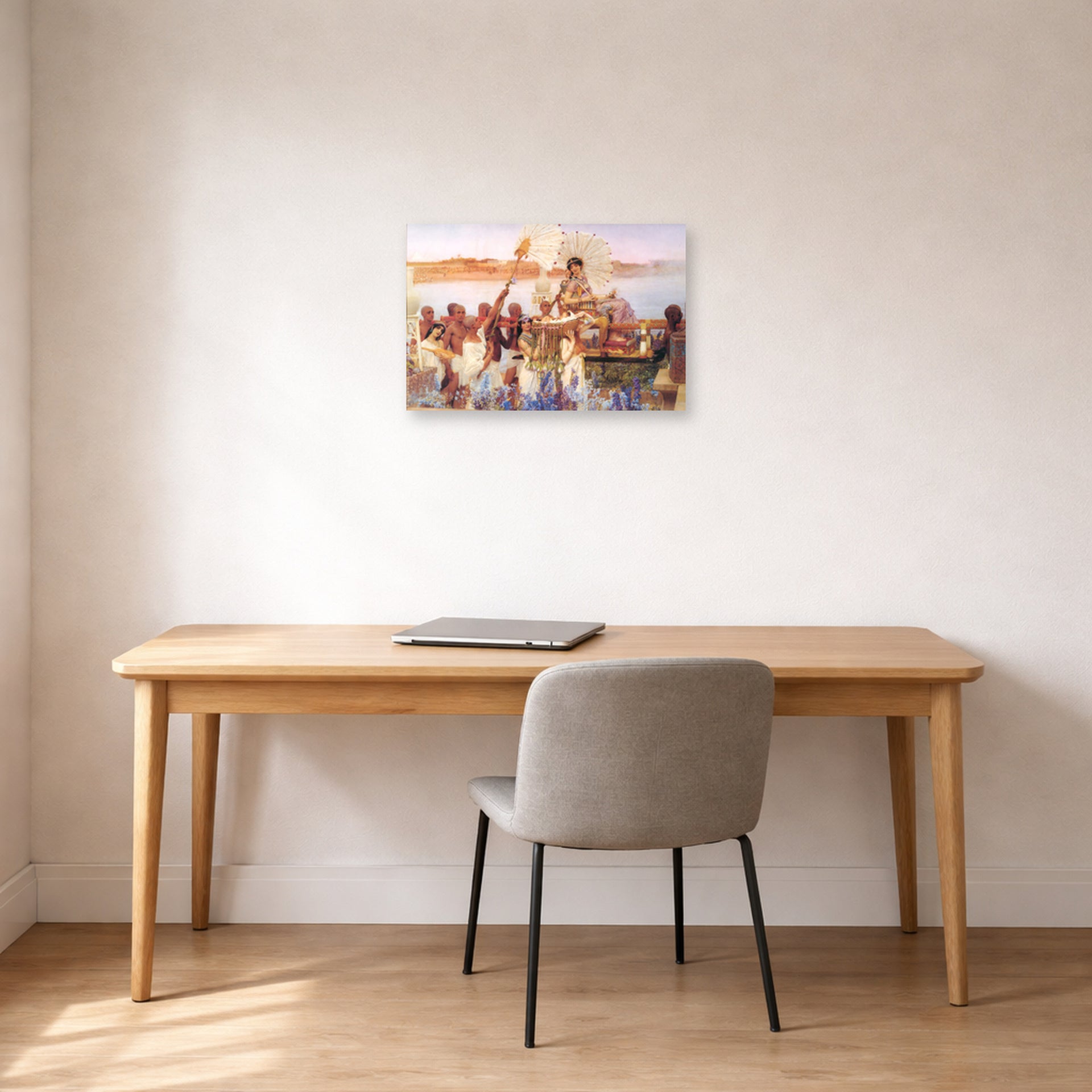 Unframed poster print of Sir Lawrence Alma-Tadema's The Finding of Moses displayed on a wall in a office