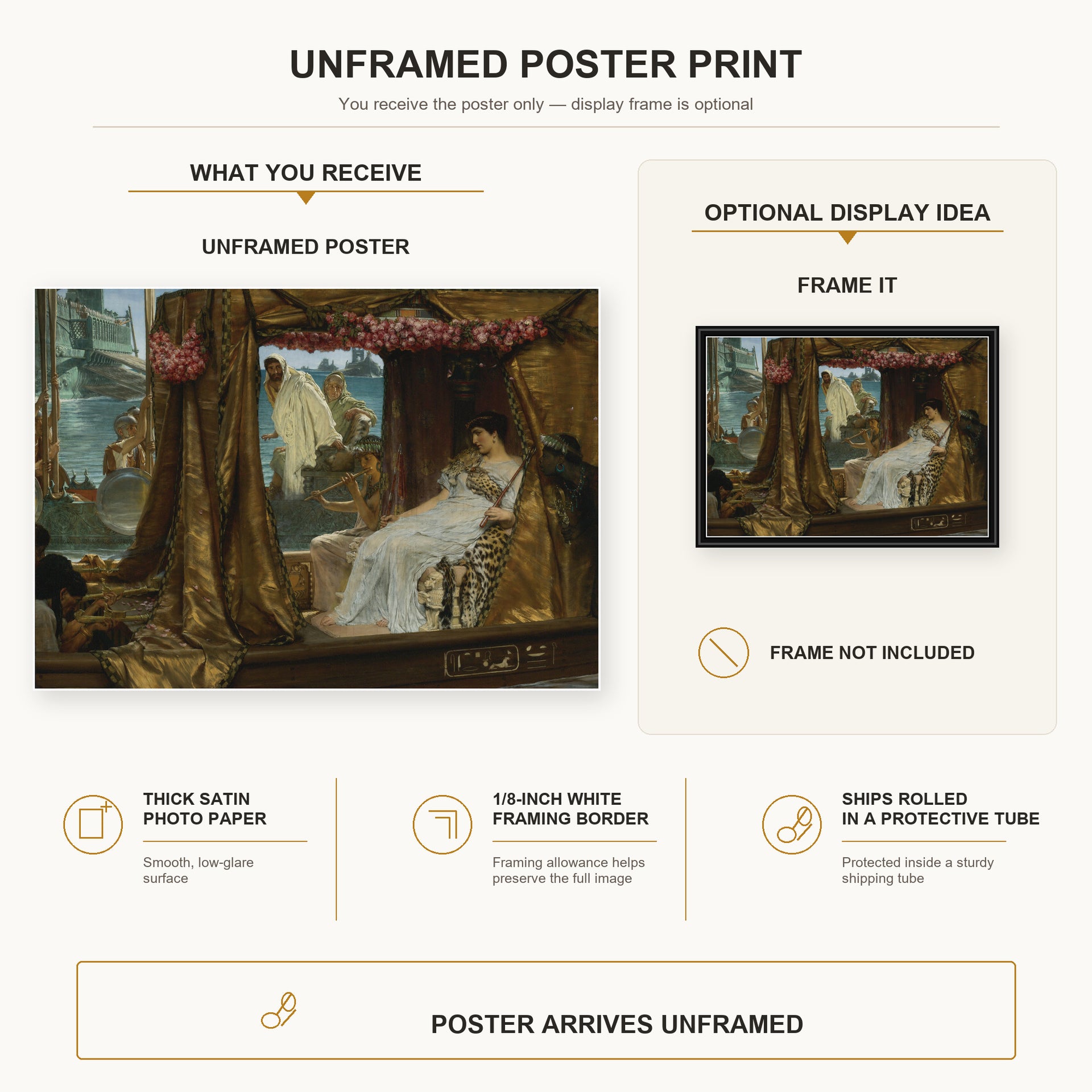 Sir Lawrence Alma-Tadema - The Meeting of Antony and Cleopatra poster print size comparison and framing display infographic