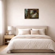 Unframed poster print of Sir Lawrence Alma-Tadema's The Meeting of Antony and Cleopatra displayed on a wall in a bedroom