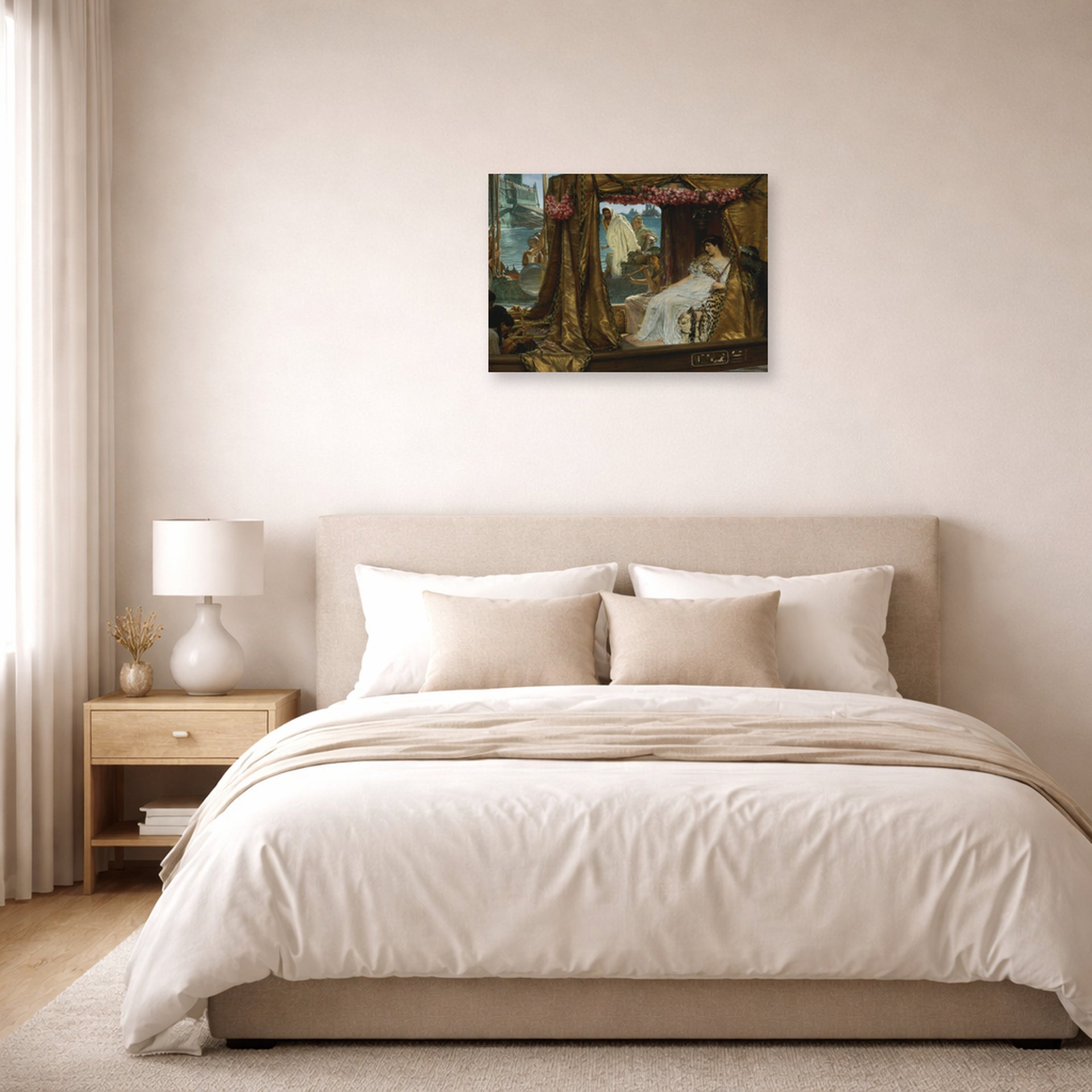 Unframed poster print of Sir Lawrence Alma-Tadema's The Meeting of Antony and Cleopatra displayed on a wall in a bedroom