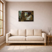 Unframed poster print of Sir Lawrence Alma-Tadema's The Meeting of Antony and Cleopatra displayed on a wall in a living room